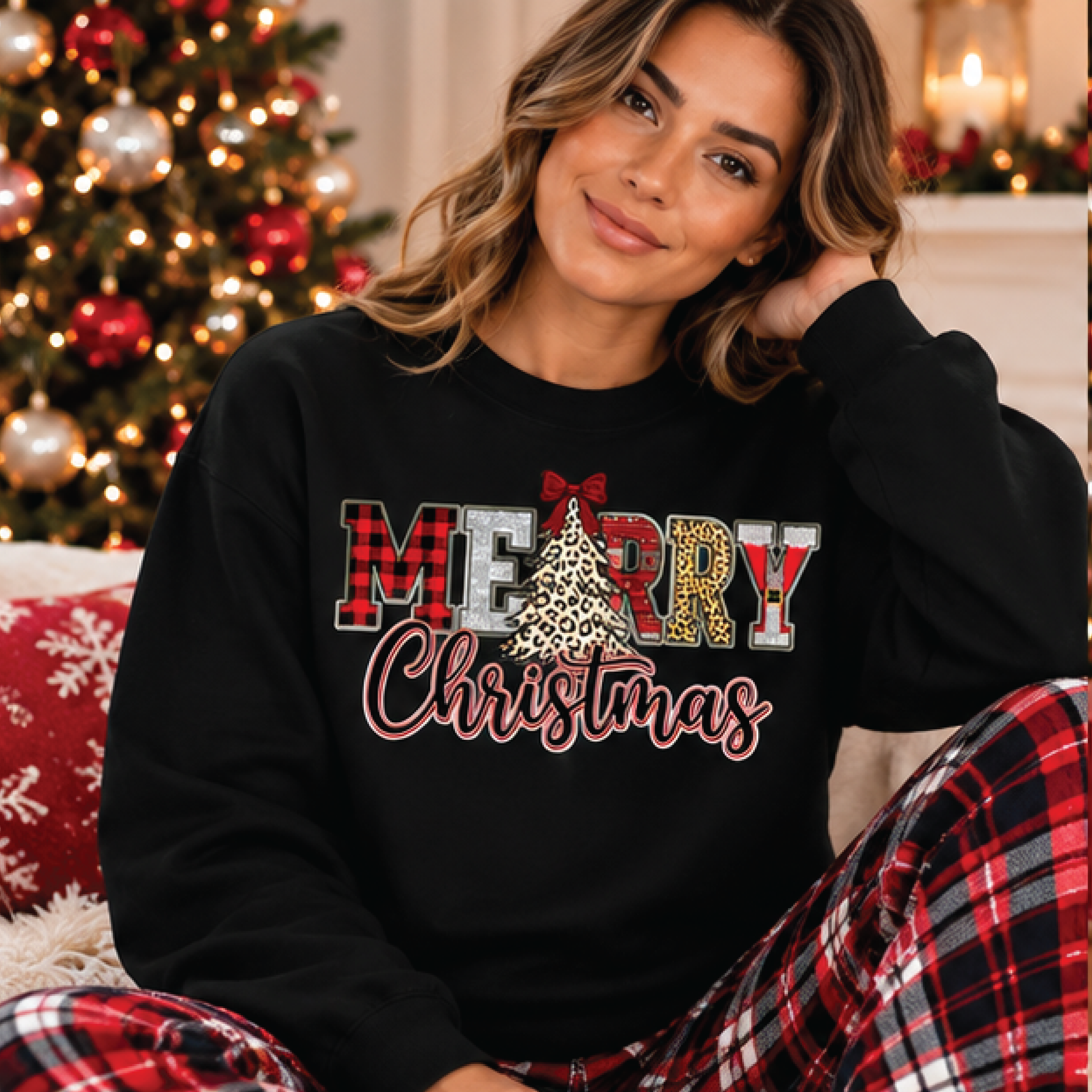 merry christmas sweatshirt, leopard print christmas tree crewneck, buffalo plaid holiday sweater, trendy xmas gift
