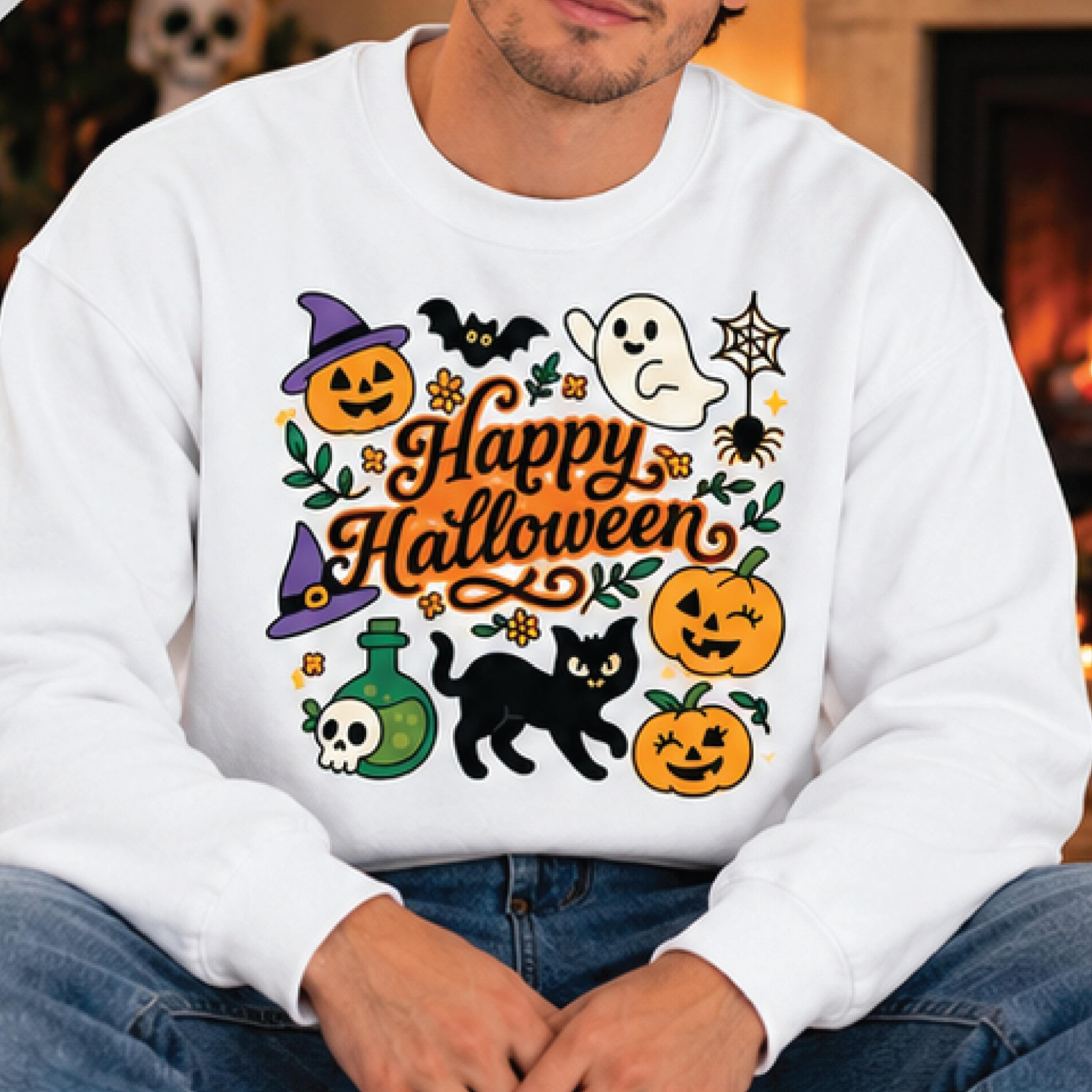 happy halloween sweatshirt, cute ghost pumpkin black cat crewneck, spooky season shirt, halloween party gift, fall