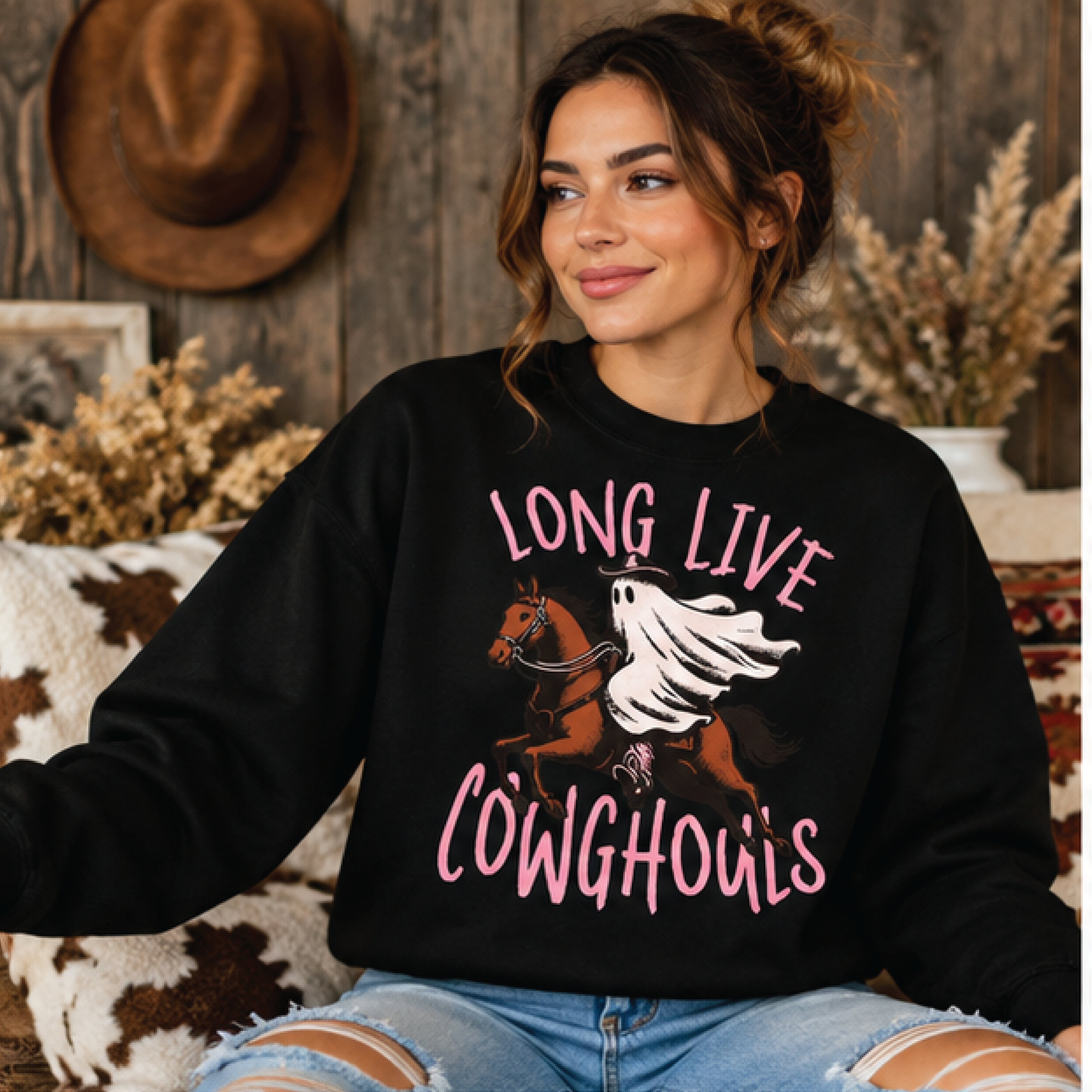 long live cowghouls halloween sweatshirt, ghost riding horse western crewneck, spooky cowgirl shirt, country fall gift