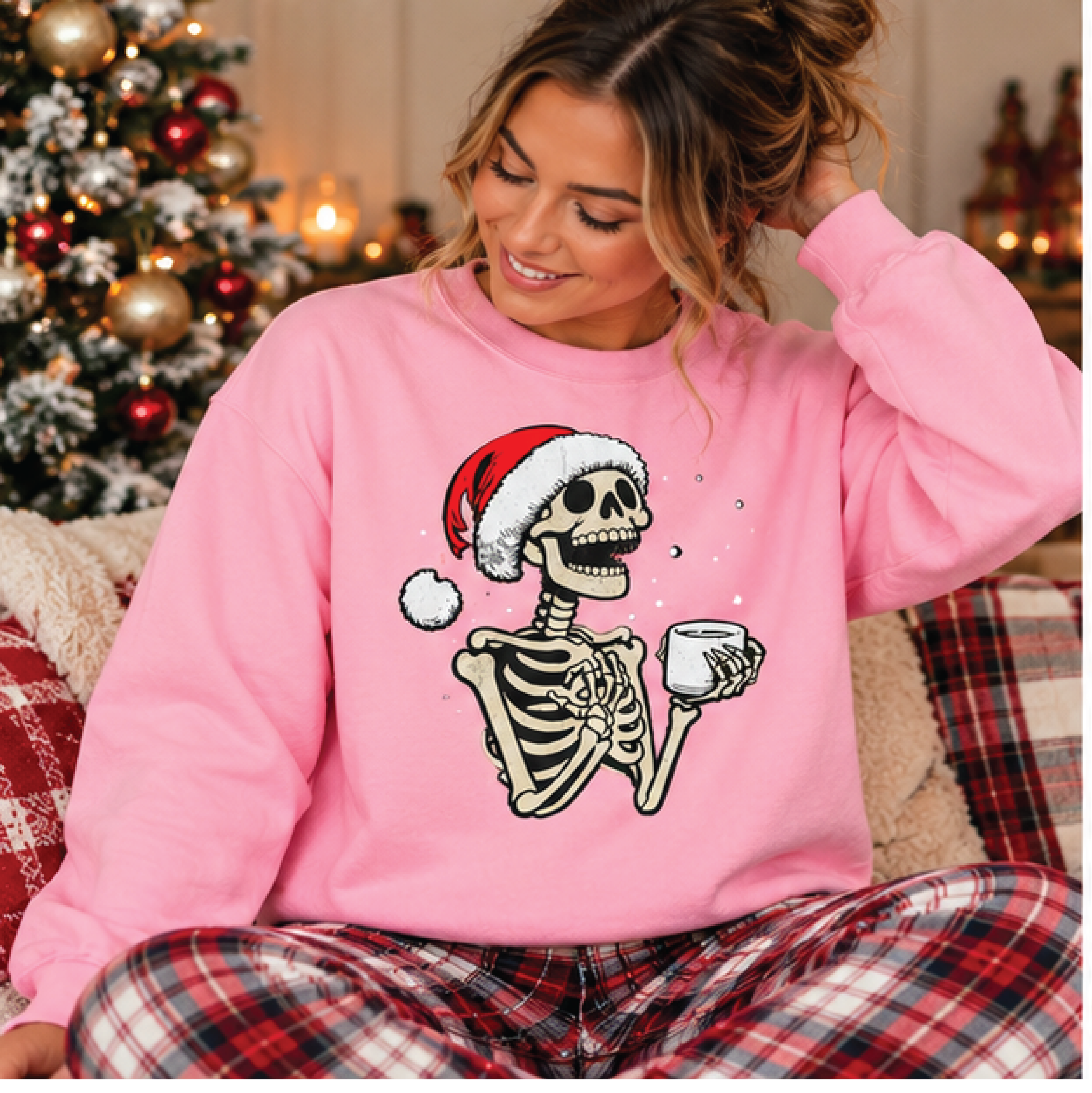 funny christmas skeleton sweatshirt, santa hat skeleton coffee crewneck, gothic holiday shirt, spooky christmas gift