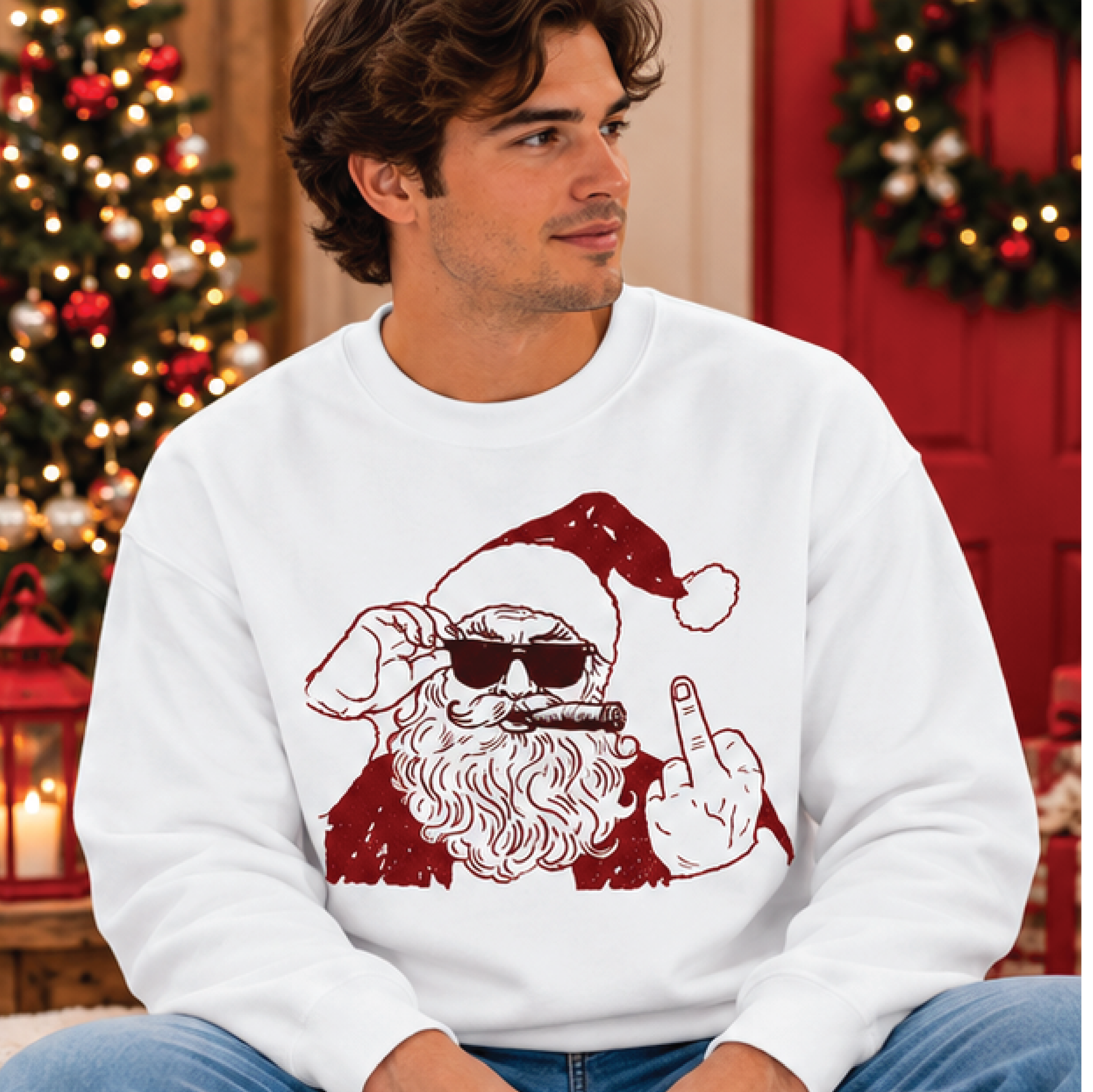 funny rude santa sweatshirt, middle finger santa christmas crewneck, naughty santa graphic shirt, sarcastic holiday gift