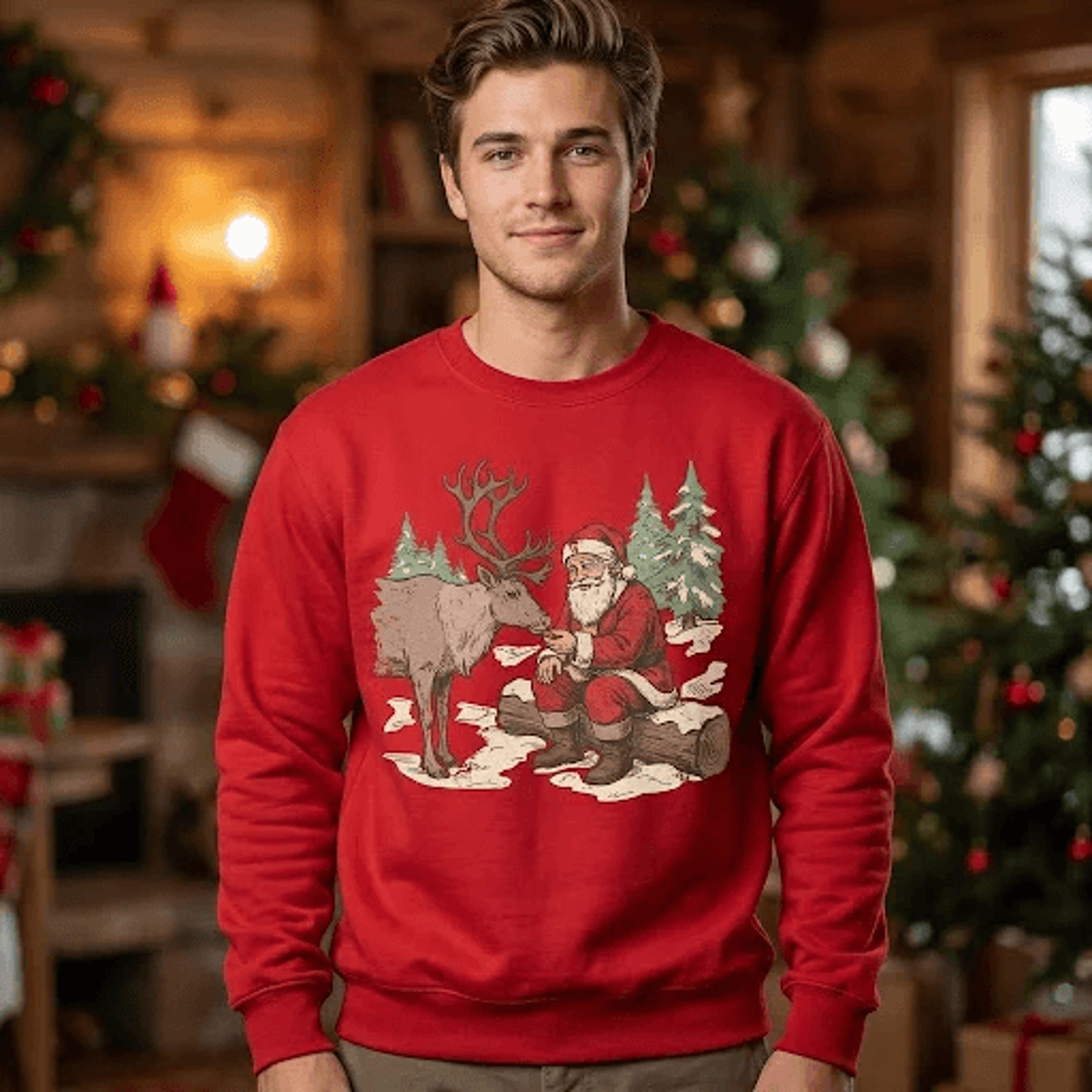 vintage santa and reindeer christmas sweatshirt, rustic woodland holiday crewneck, retro santa claus winter graphic
