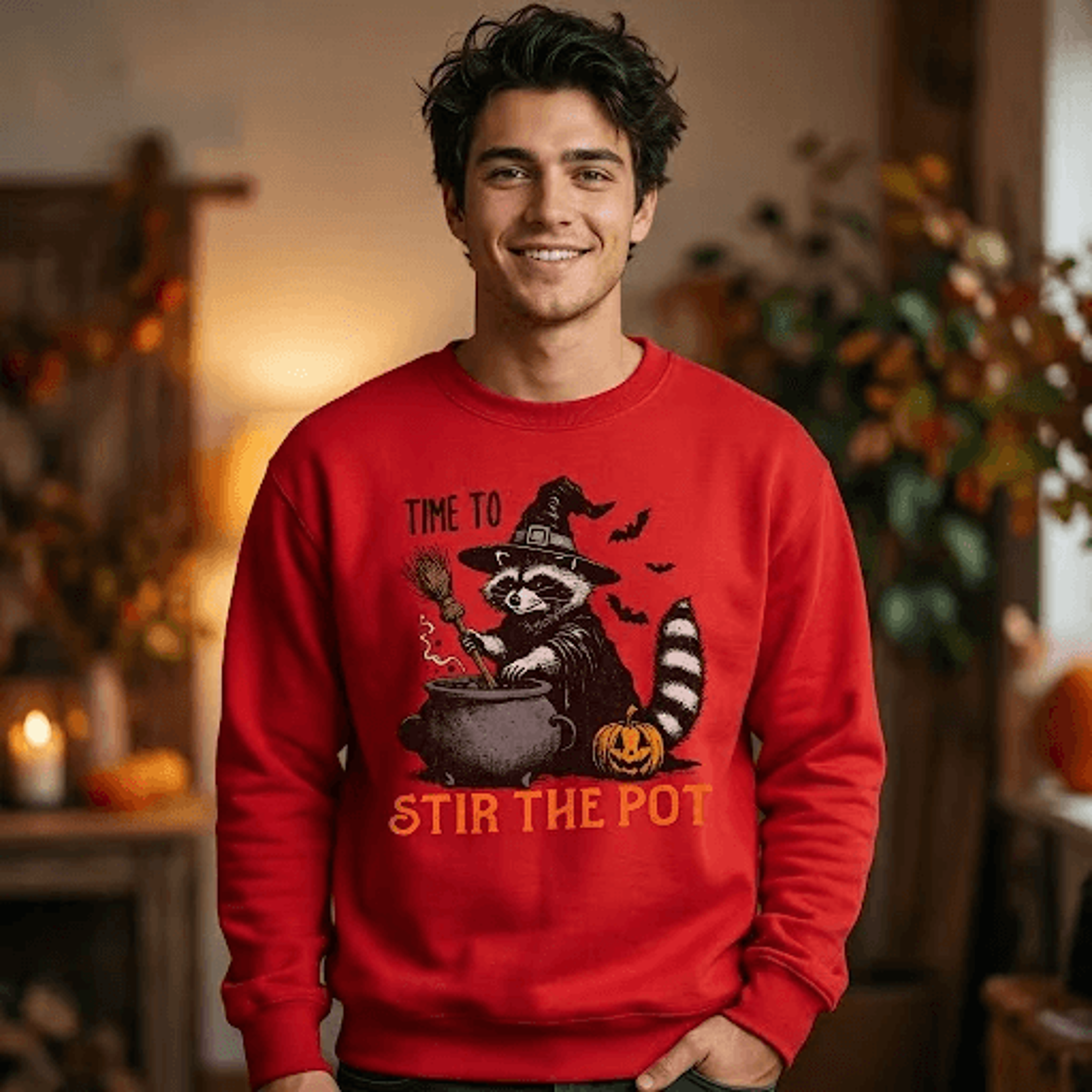 funny halloween raccoon sweatshirt, time to stir the pot witch graphic crewneck, cute spooky fall sweater, autumn gift