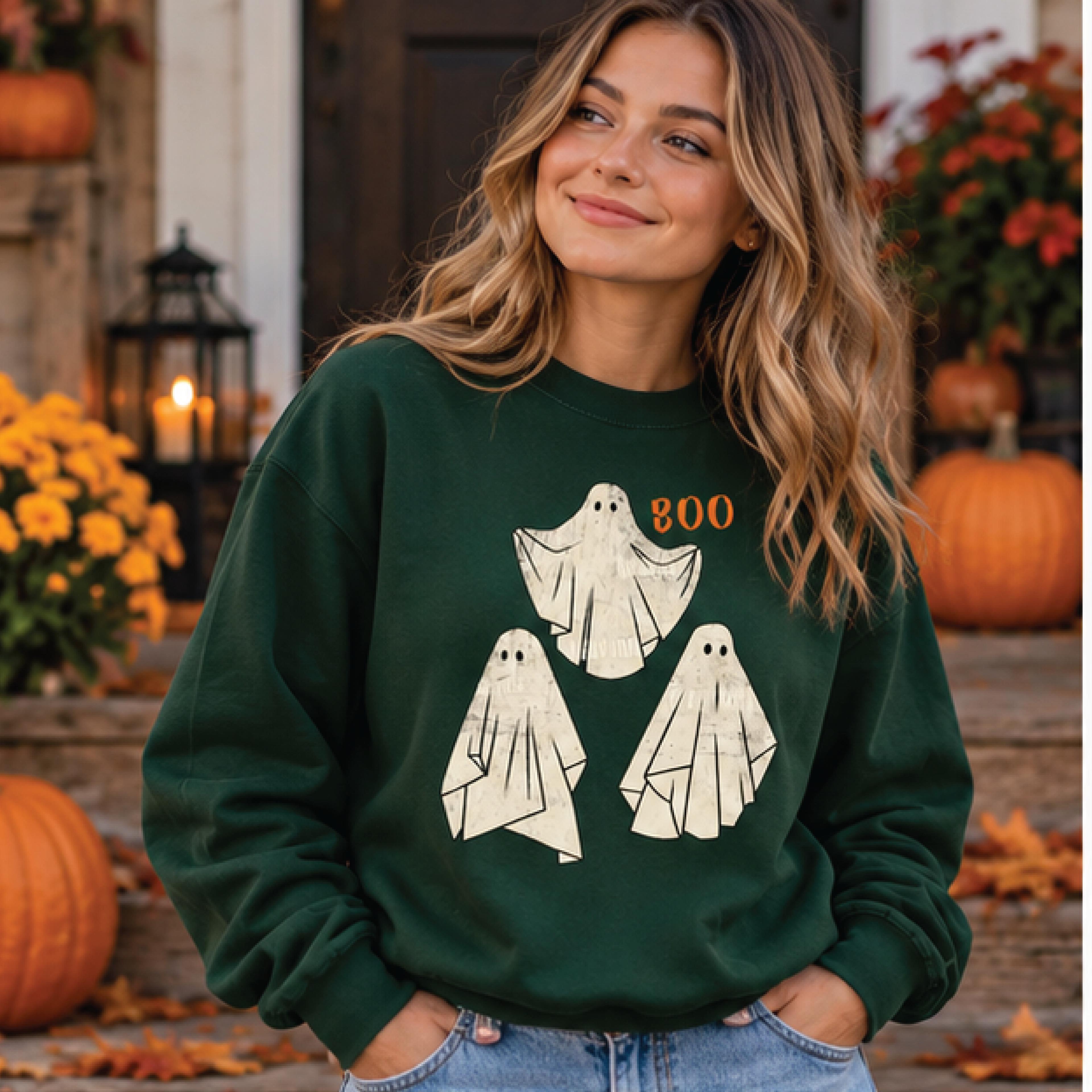 cute halloween ghost sweatshirt, three ghosts boo graphic crewneck, vintage spooky season sweater, fall halloween gift