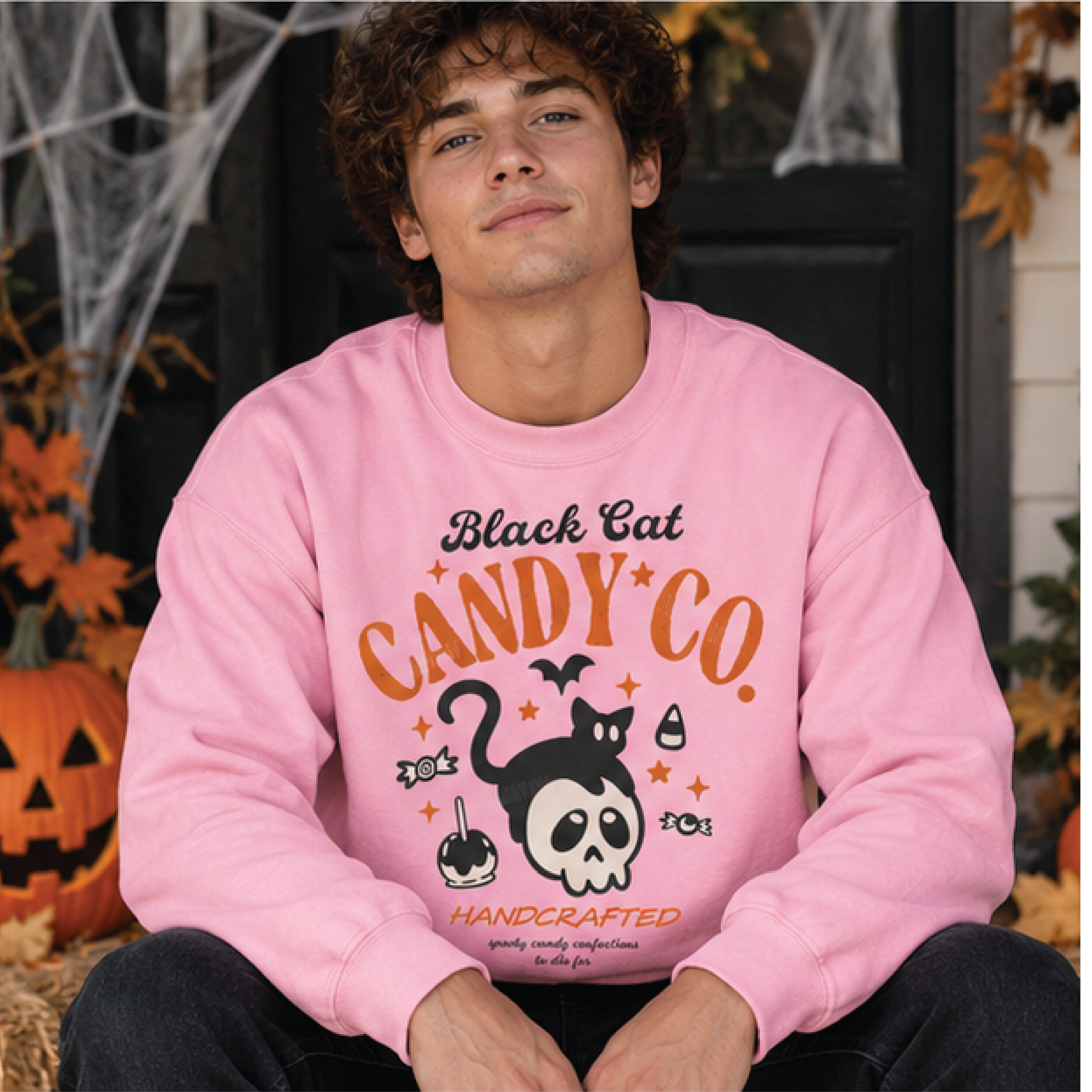 black cat candy co halloween sweatshirt, vintage spooky candy graphic crewneck, cute cat skull fall sweater, halloween