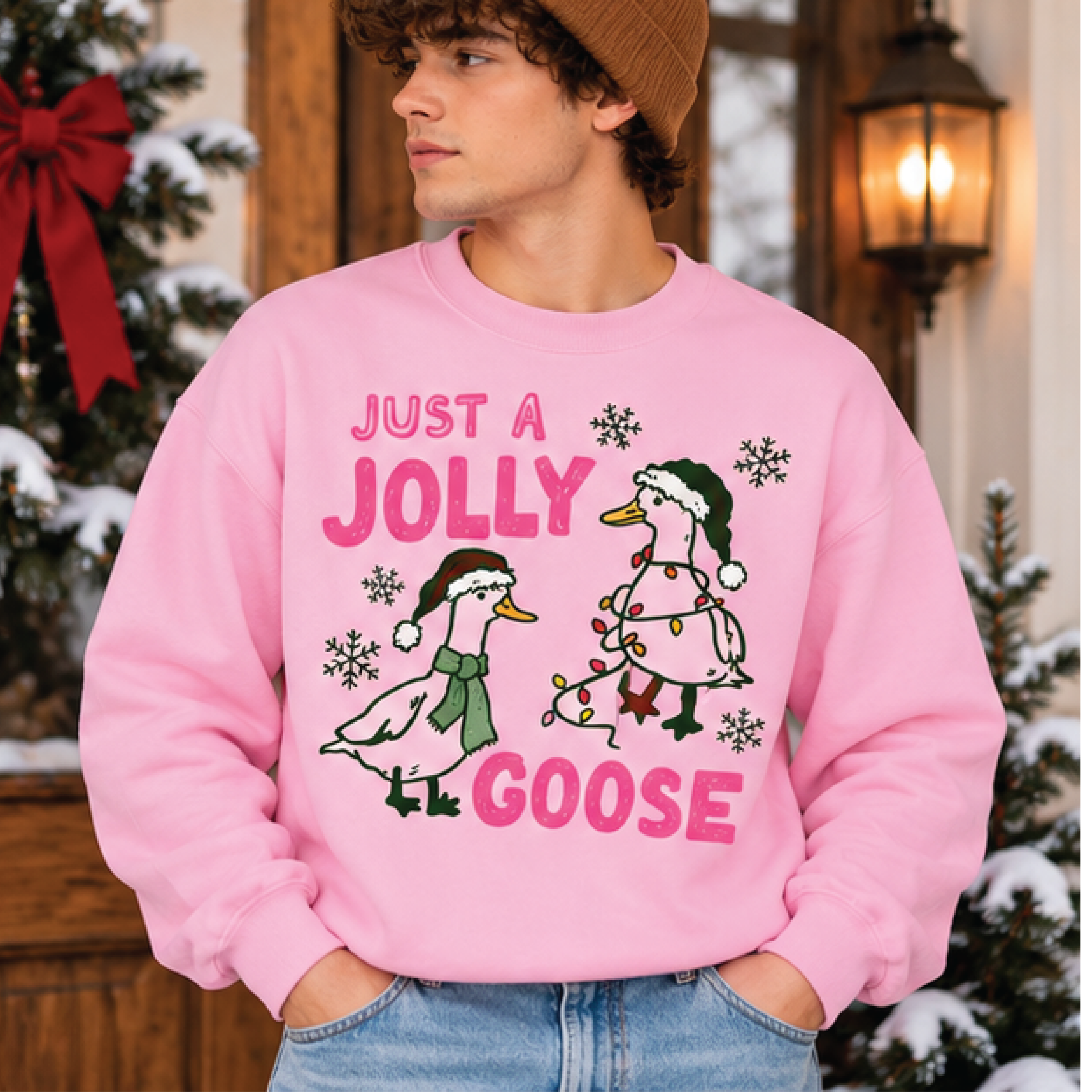 just a jolly goose christmas sweatshirt, funny holiday goose crewneck, cute santa goose graphic sweater