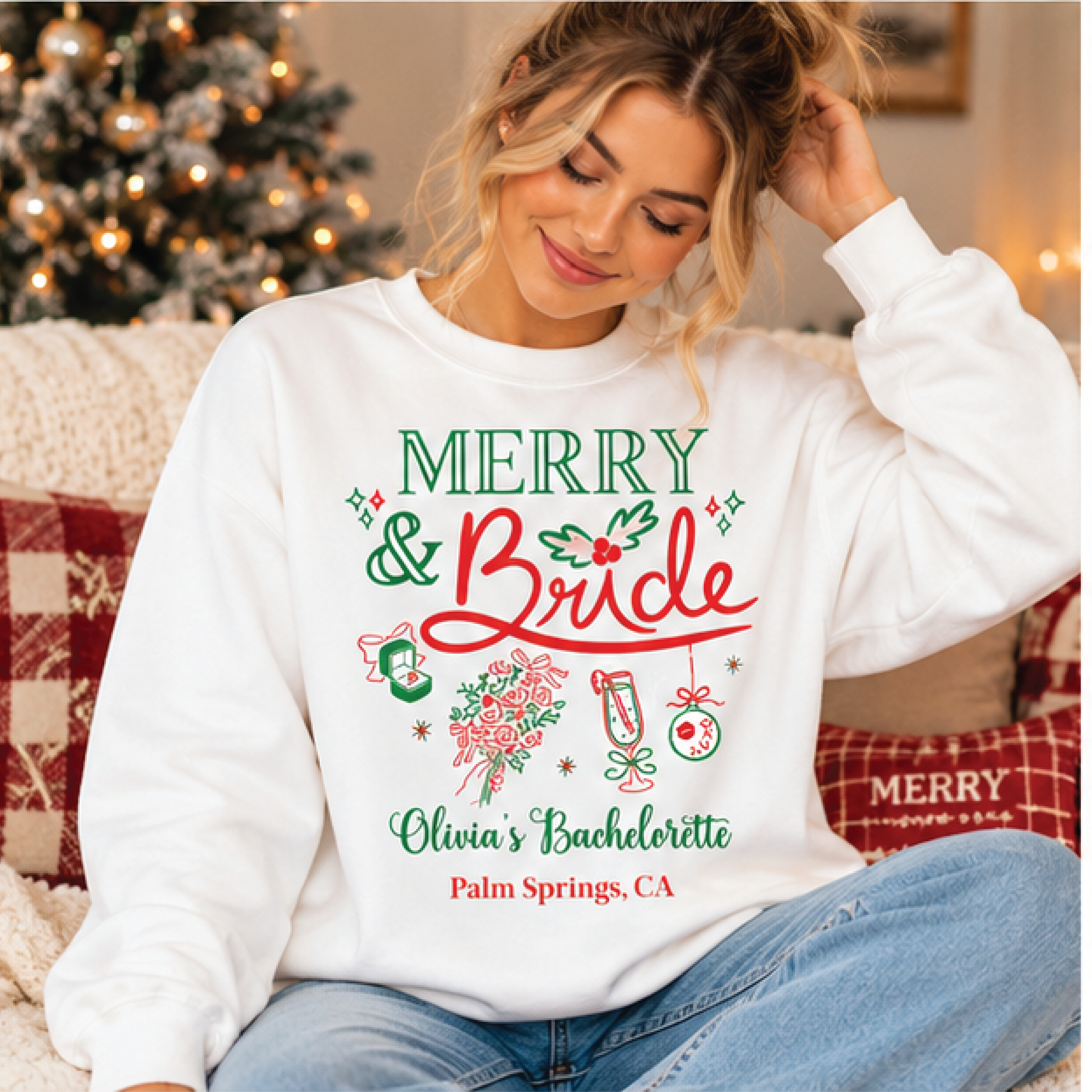 personalized merry and bride christmas bachelorette sweatshirt, custom bride name holiday crewneck, festive bridal party