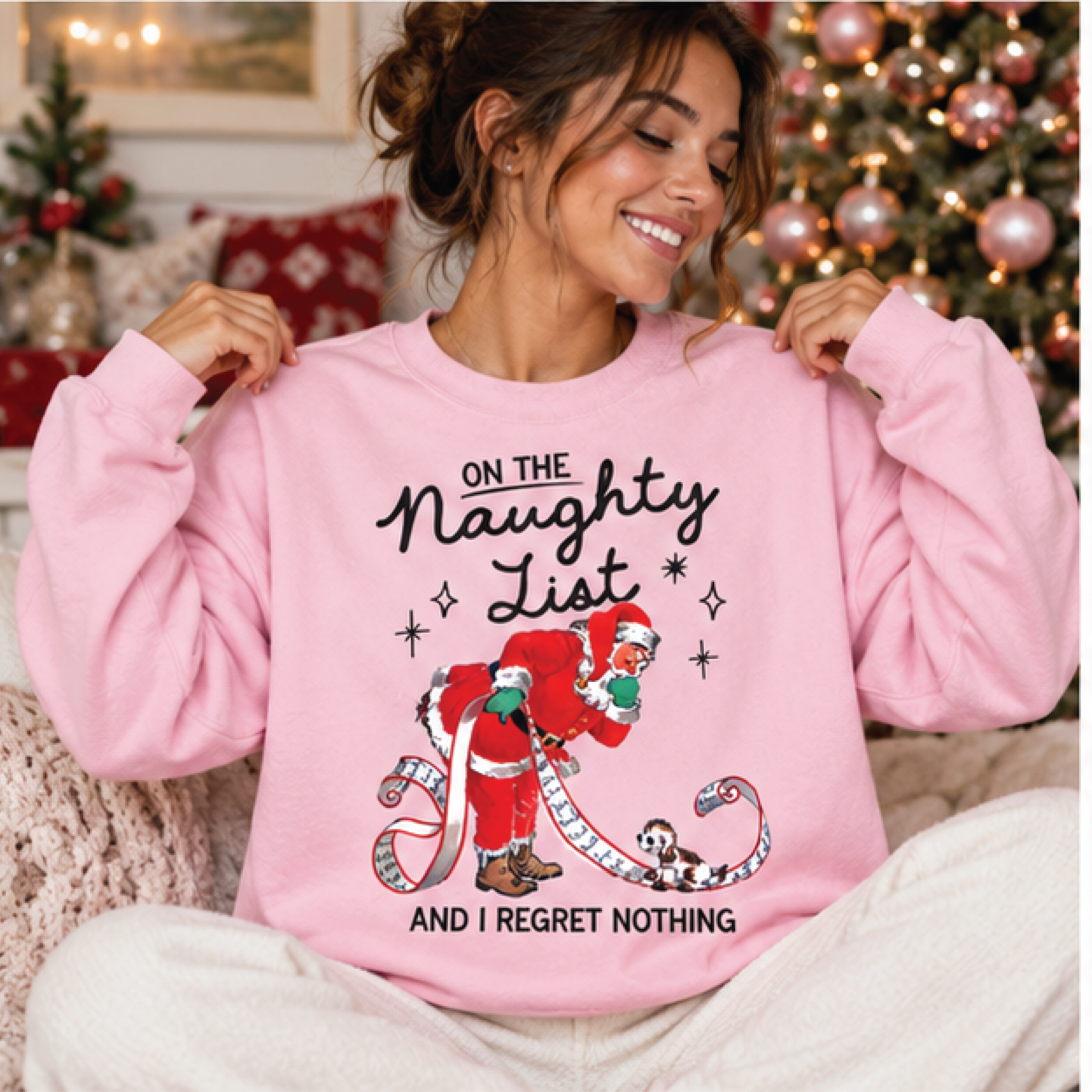 on the naughty list christmas sweatshirt, funny santa holiday crewneck, i regret nothing xmas sweater, retro christmas