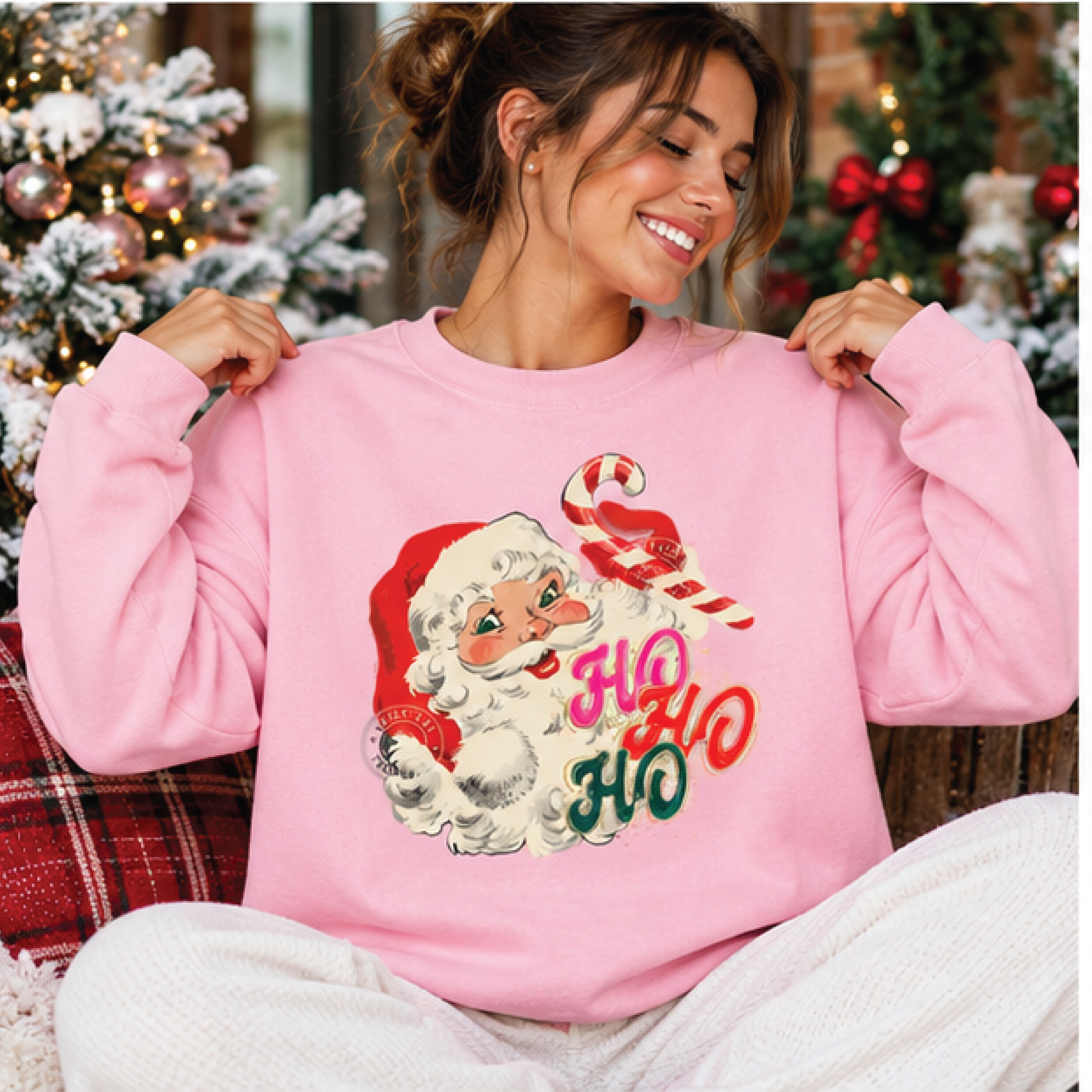 retro santa ho ho ho christmas sweatshirt, vintage santa claus graphic crewneck, pink holiday sweater, festive xmas gift