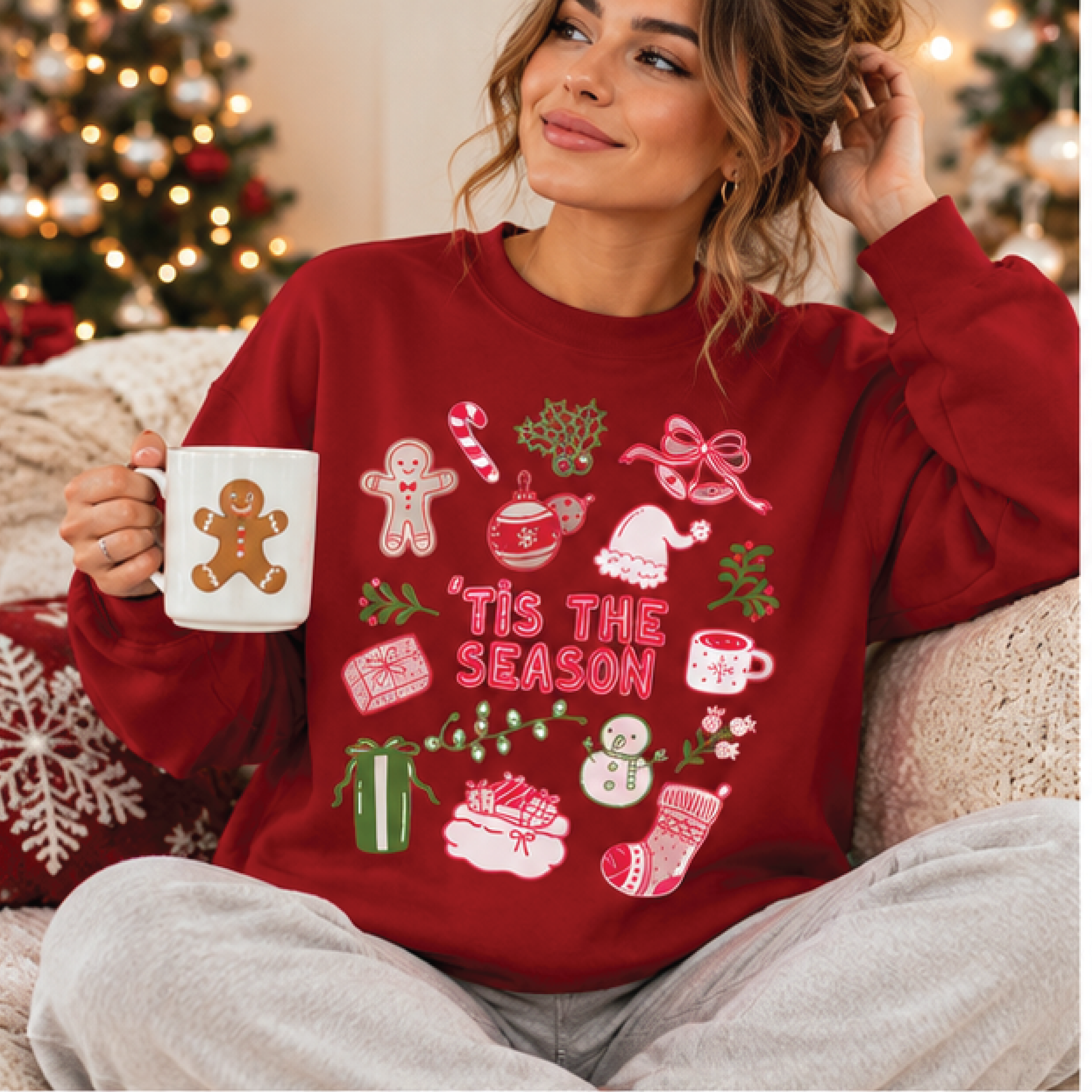 tis the season christmas sweatshirt, retro holiday graphic crewneck, festive christmas icons sweater, cozy xmas gift