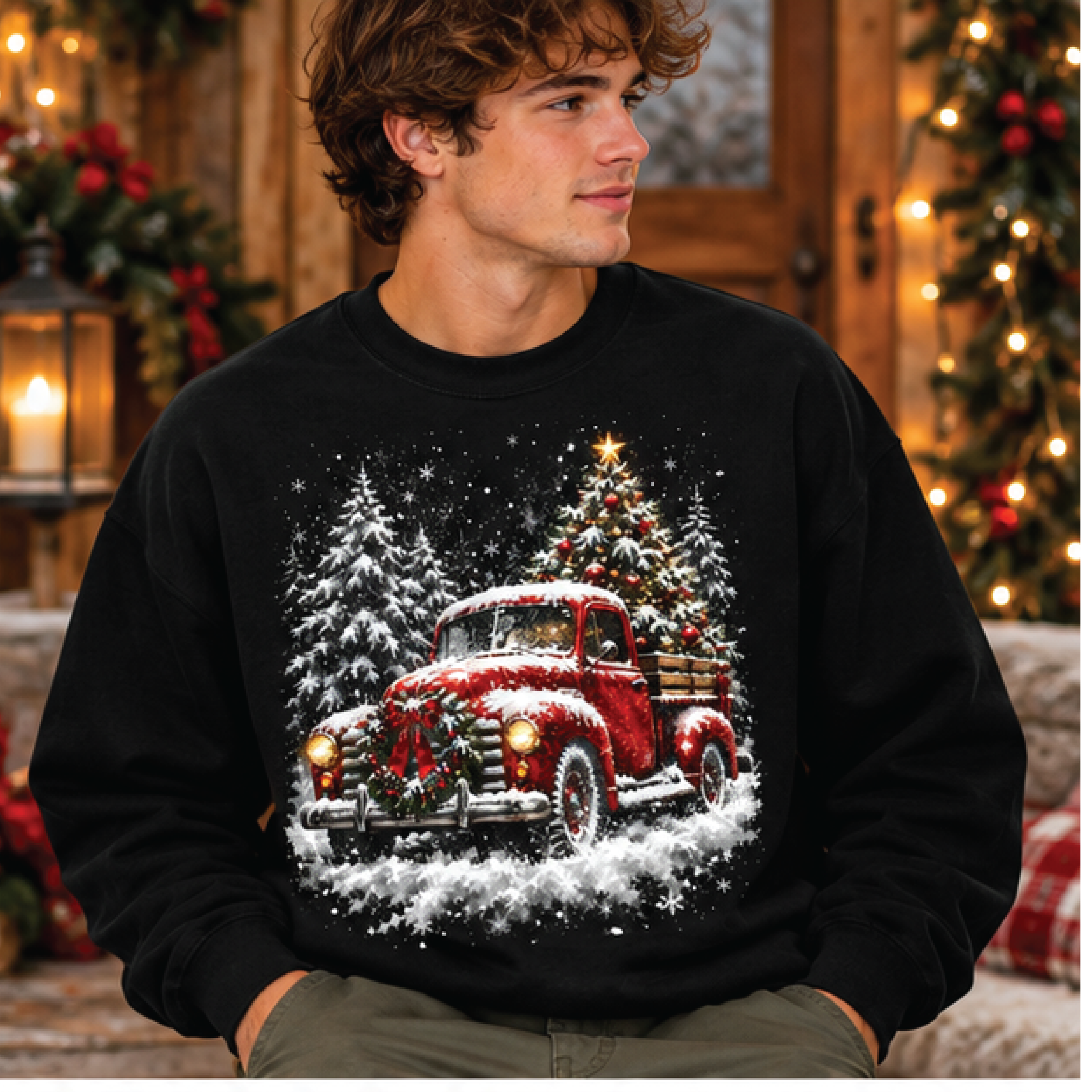 vintage red truck christmas sweatshirt, snowy christmas tree farm crewneck, rustic holiday winter sweater, cozy xmas