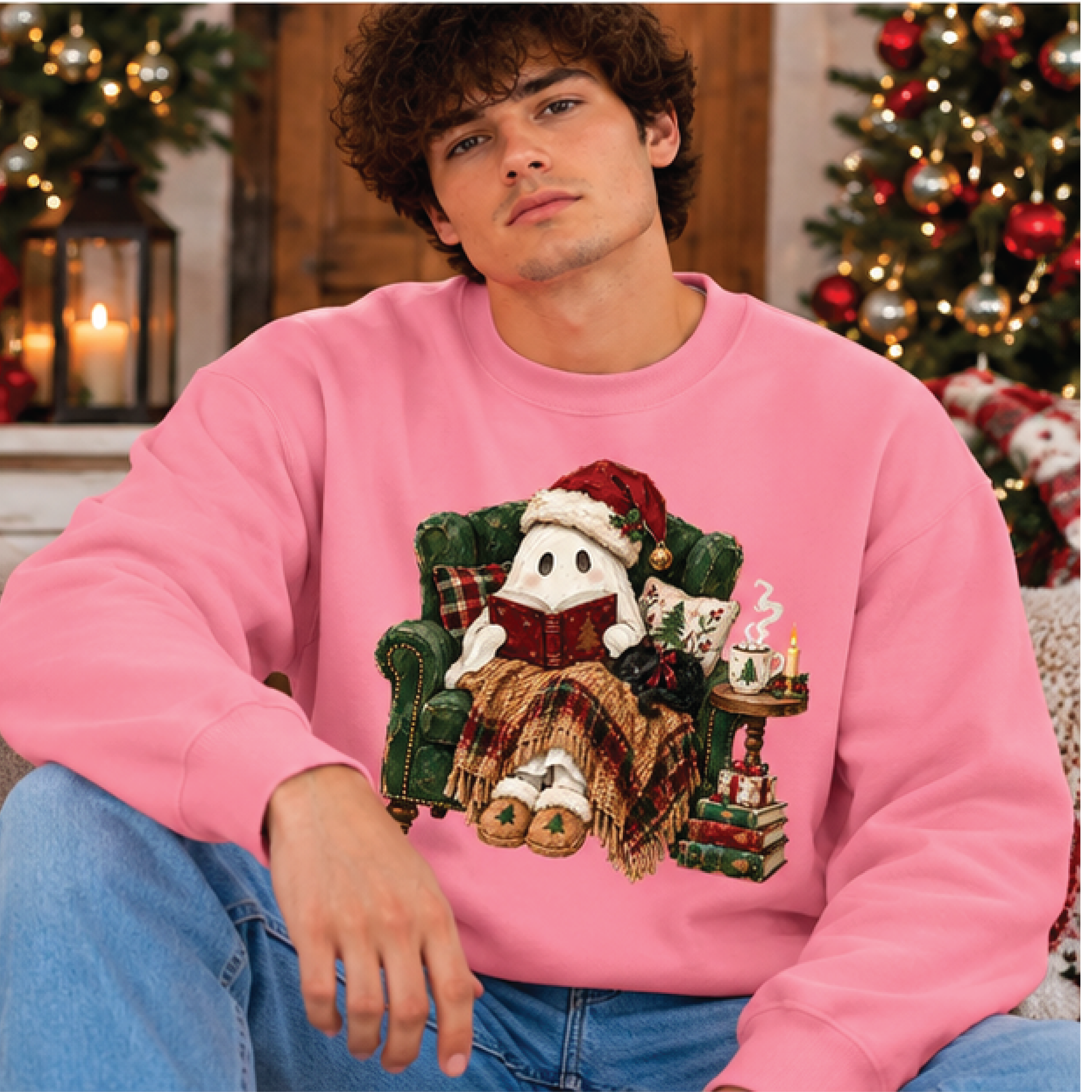 cozy christmas reading ghost sweatshirt, cute book lover holiday crewneck, festive ghost reading sweater, christmas gift