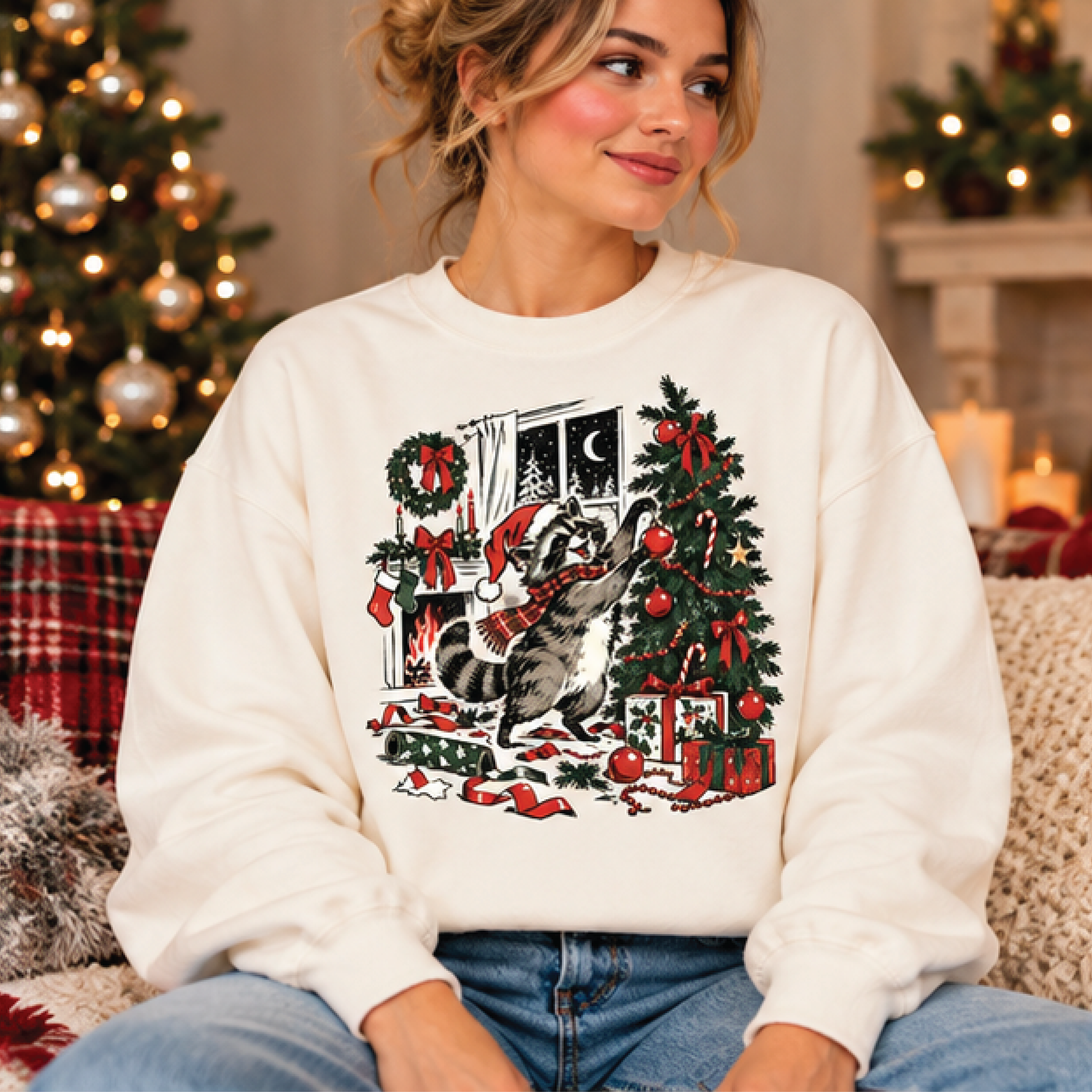 vintage christmas raccoon sweatshirt, cute santa raccoon holiday crewneck, retro woodland animal christmas sweater, xmas