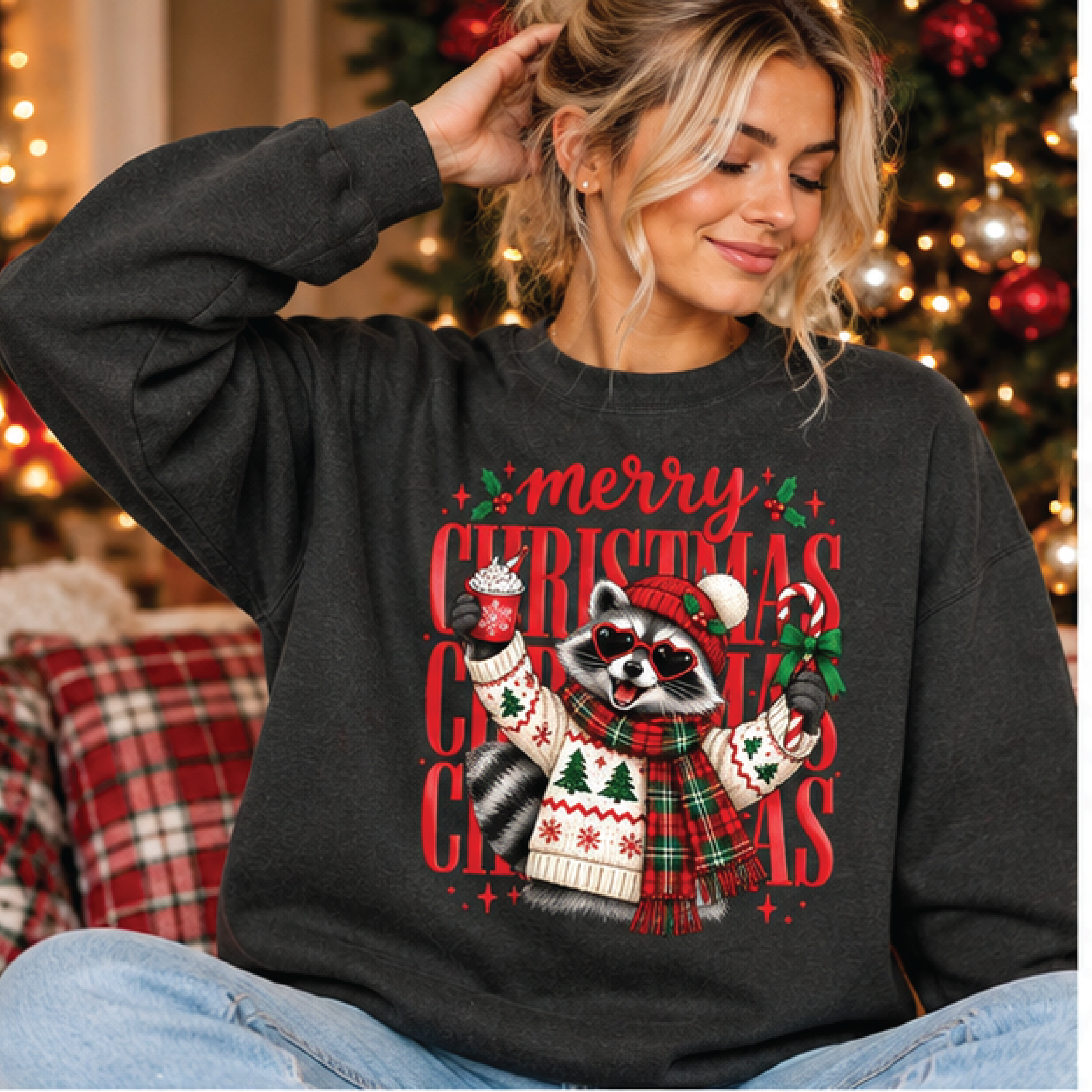 merry christmas raccoon sweatshirt, cute christmas critter crewneck, funny festive raccoon sweater, cozy holiday gift
