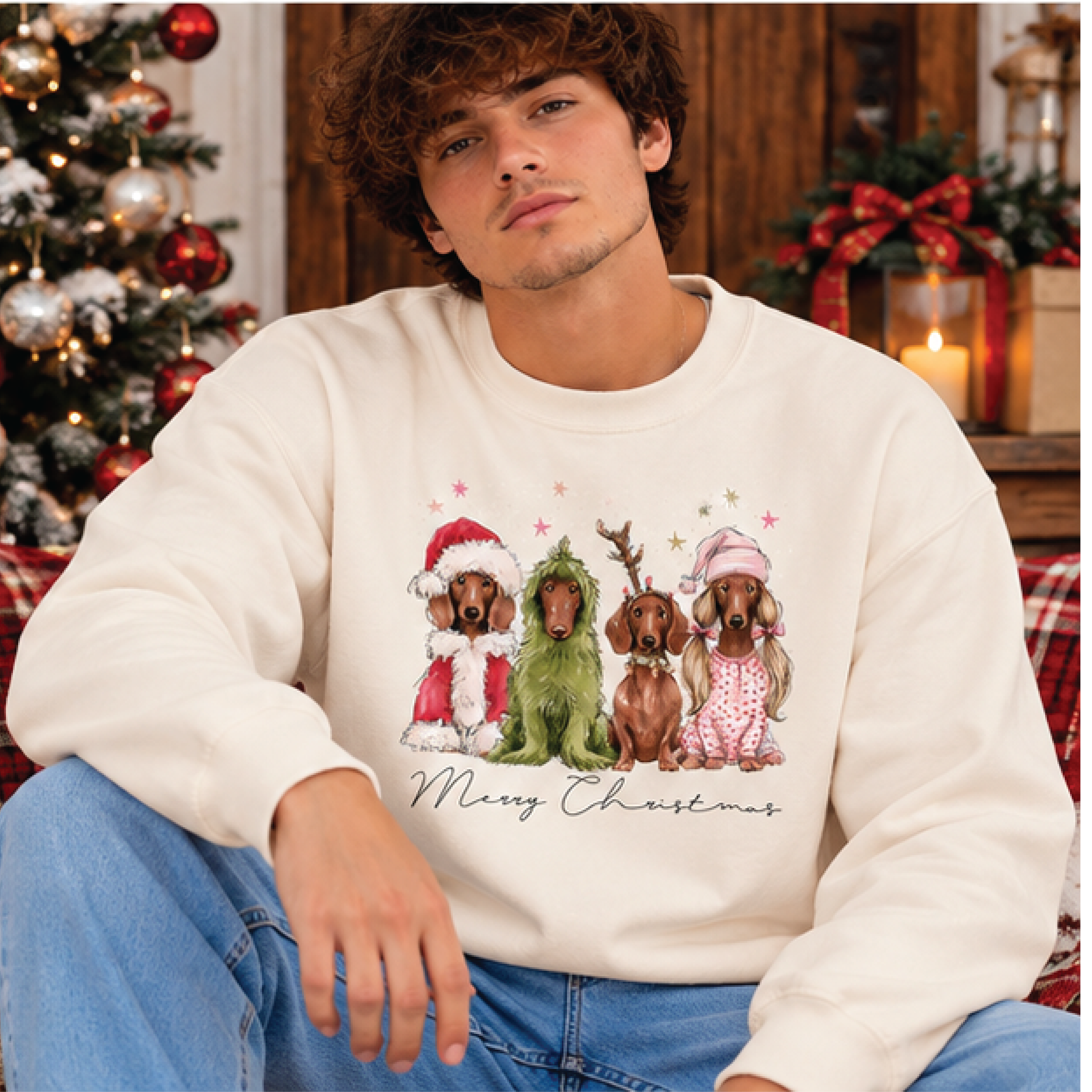 merry christmas dachshund sweatshirt, cute four wiener dogs holiday crewneck, festive christmas dog sweater, dog lover