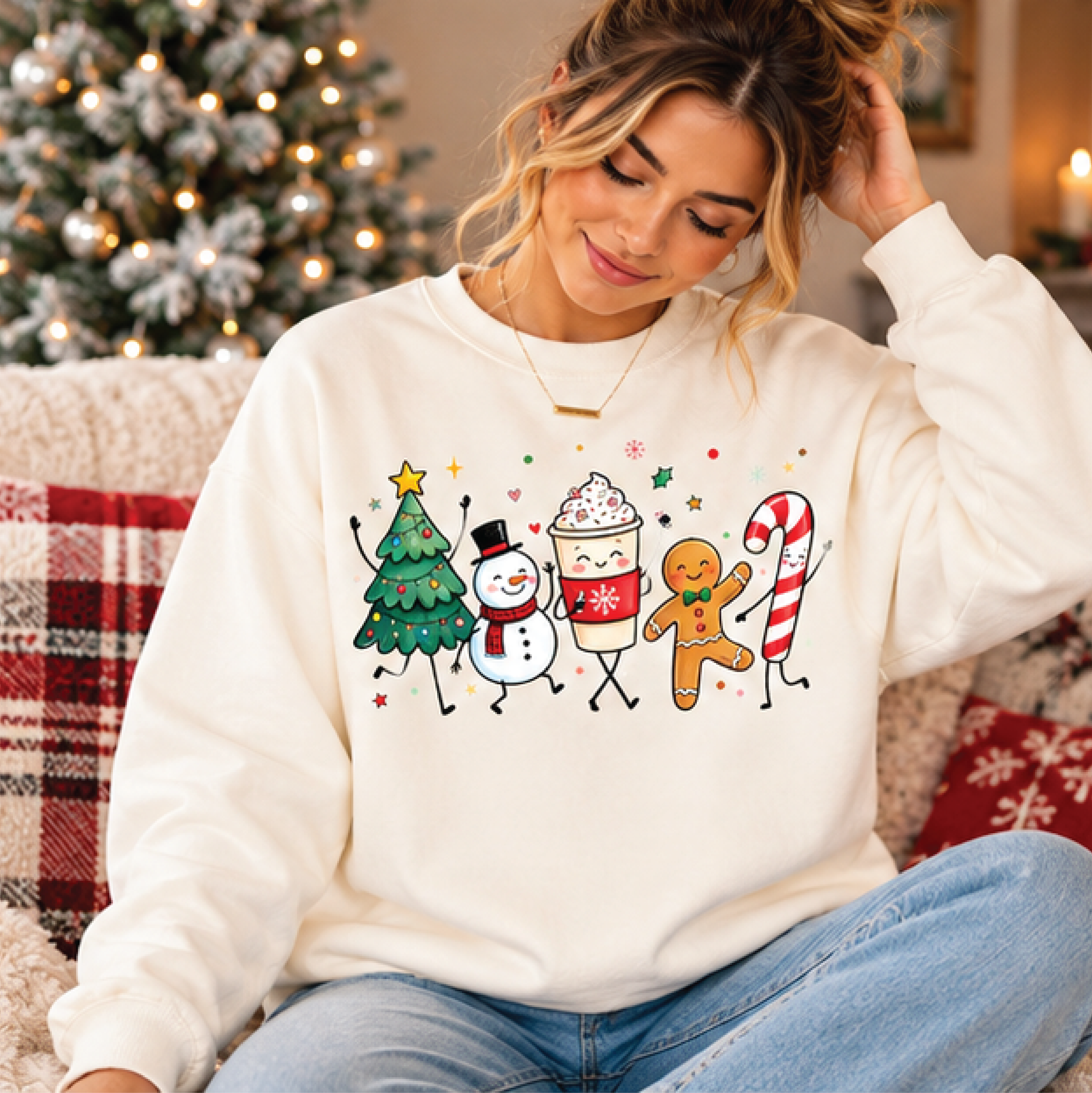 cute christmas characters sweatshirt, funny holiday crewneck, gingerbread snowman christmas tree festive winter gift