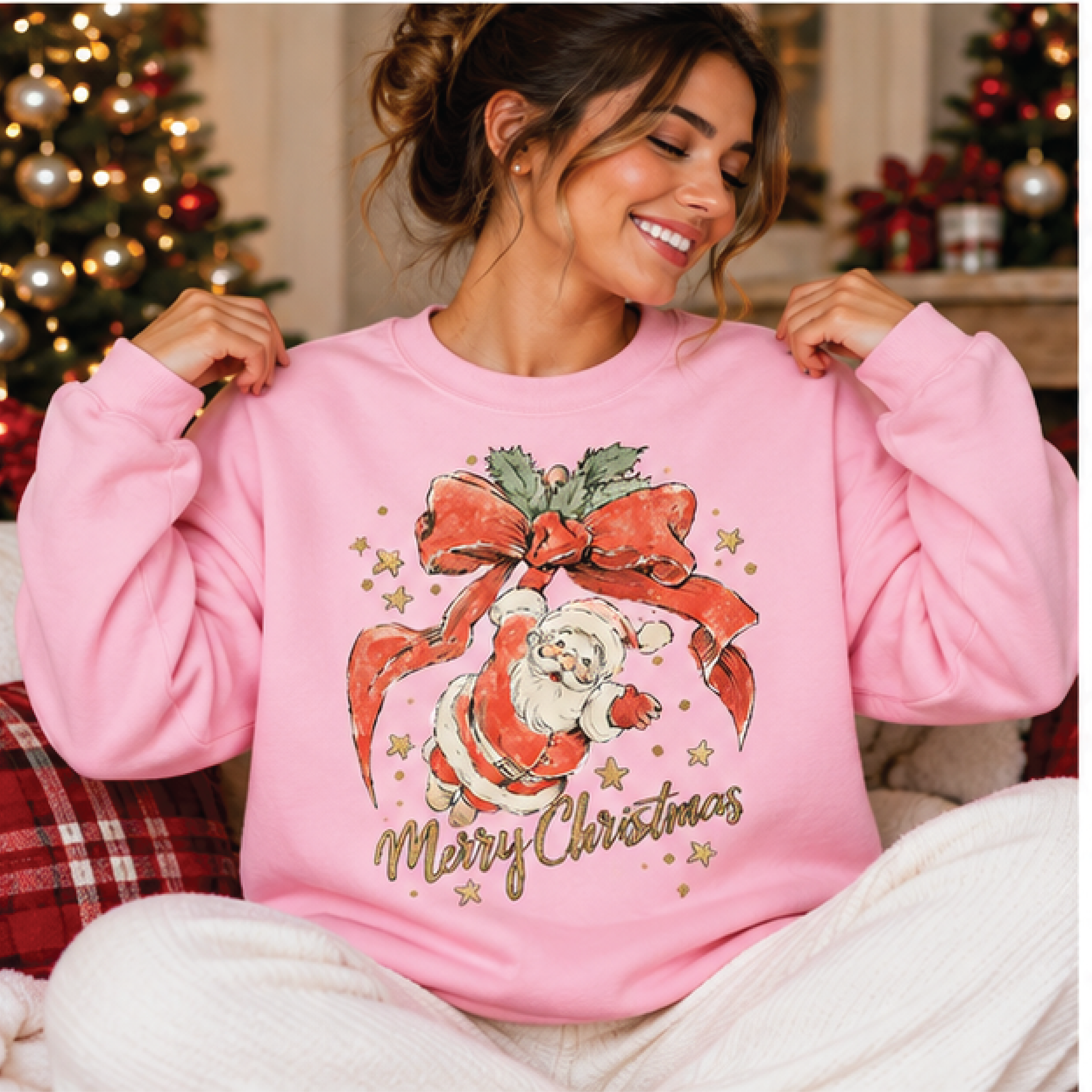 vintage santa merry christmas sweatshirt, retro christmas bow crewneck, cute holiday sweater, festive winter gift