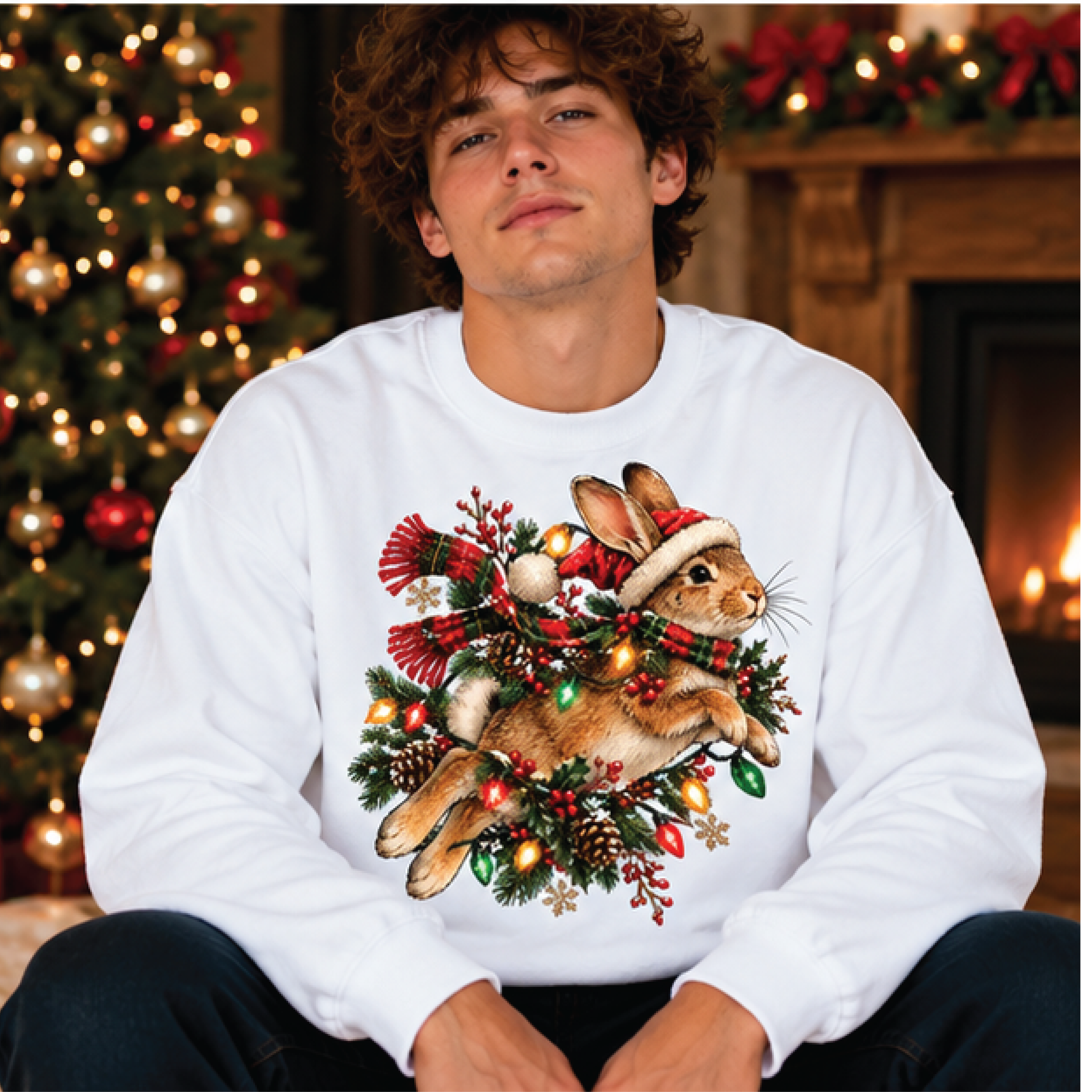 christmas bunny sweatshirt, cute rabbit santa hat crewneck, vintage holiday bunny shirt, cozy winter animal lover gift