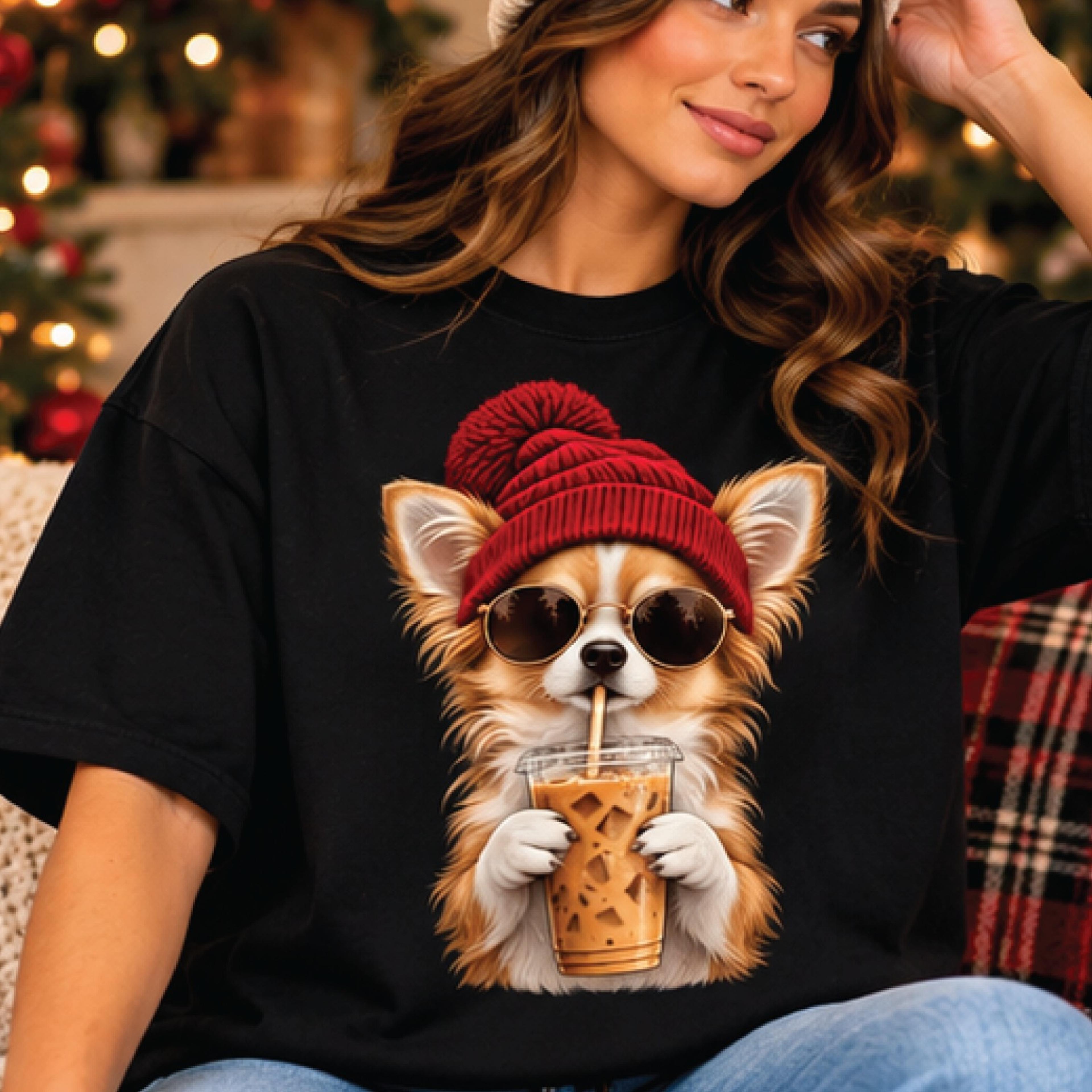 cute chihuahua iced coffee shirt, funny dog lover t-shirt, winter beanie puppy graphic tee, cozy coffee