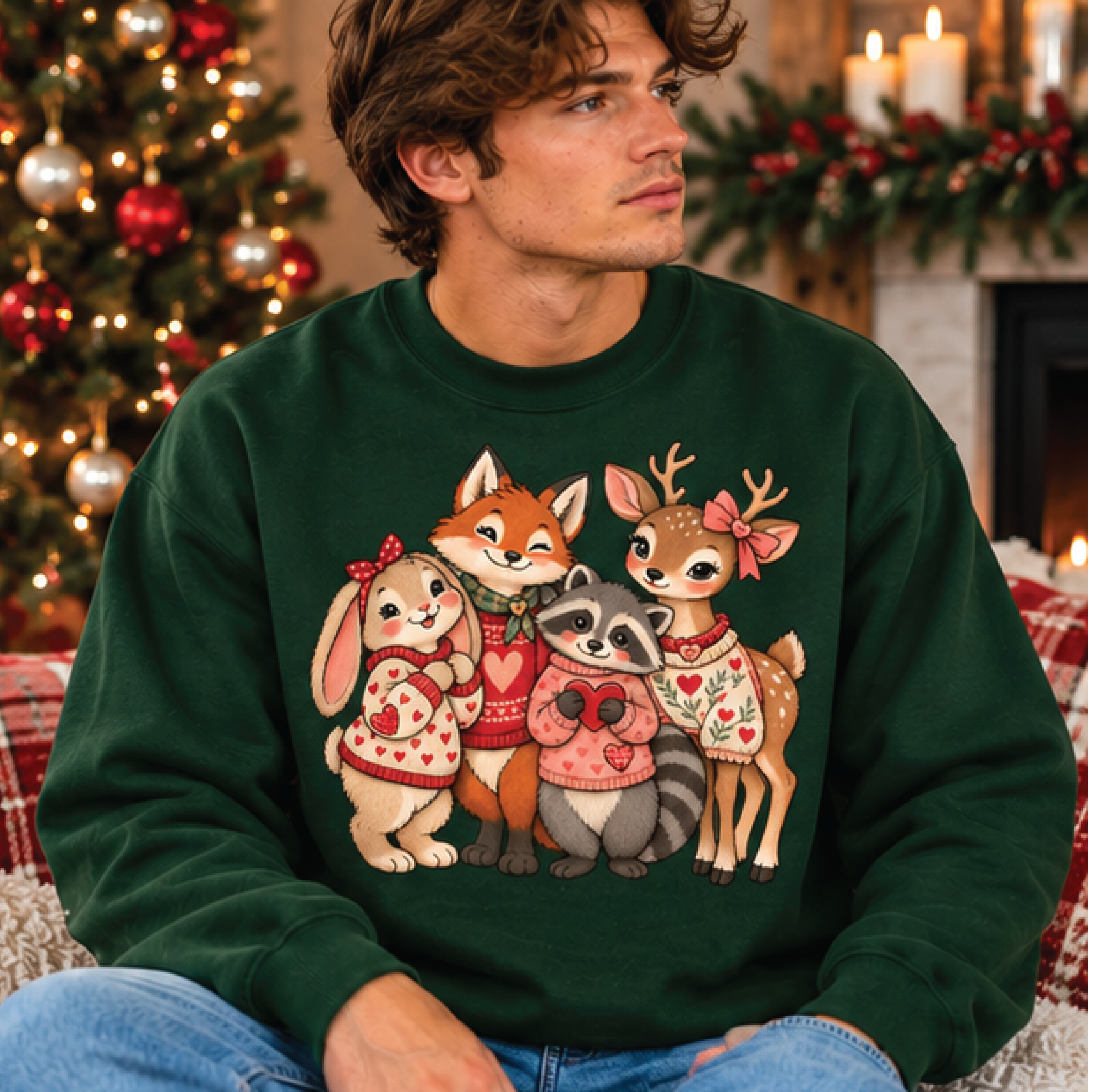 cute woodland animals sweatshirt, valentine bunny fox raccoon deer crewneck, kawaii animal lover gift, pink heart sweate