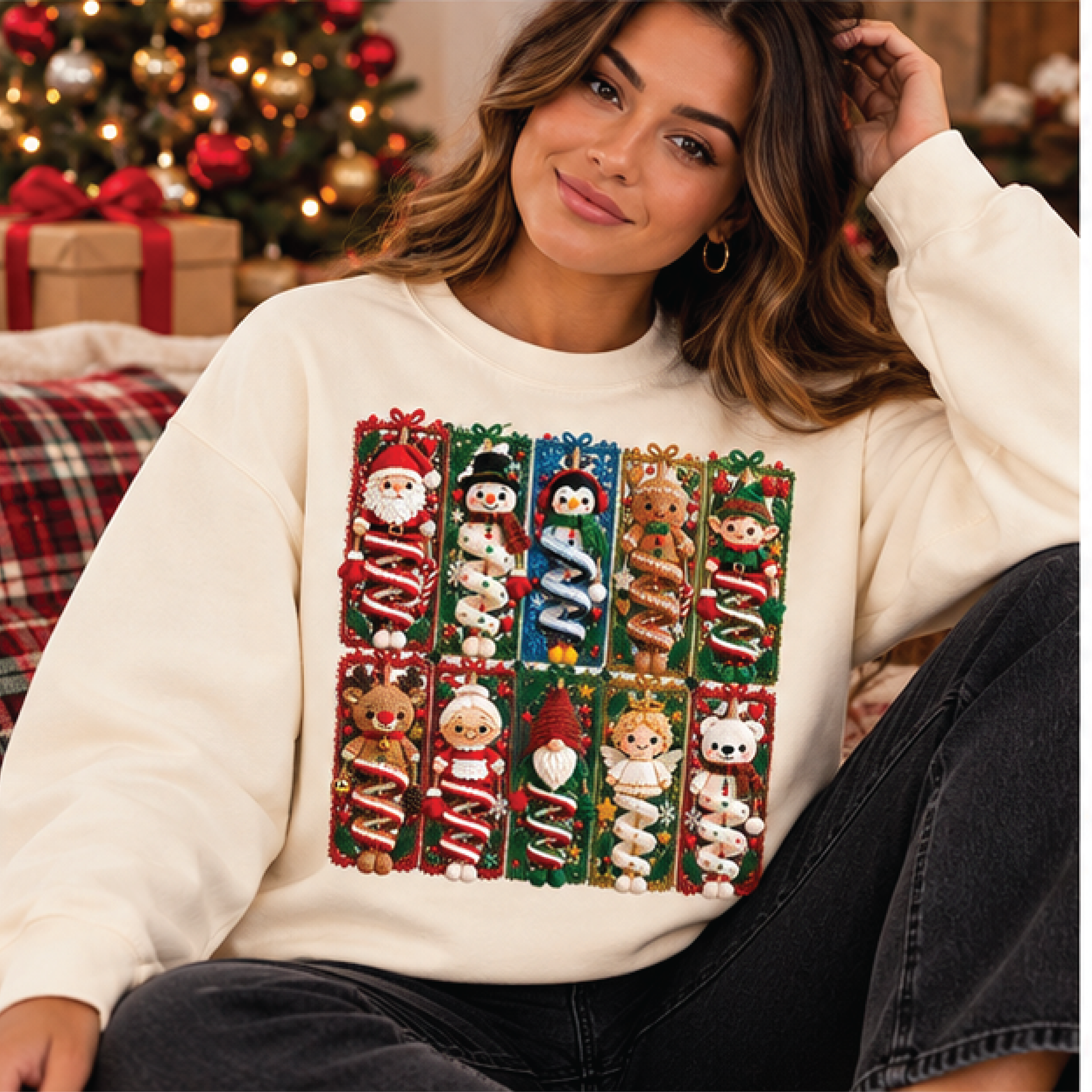cute christmas characters sweatshirt, festive santa snowman gingerbread crewneck, kawaii holiday graphic sweater, xmas