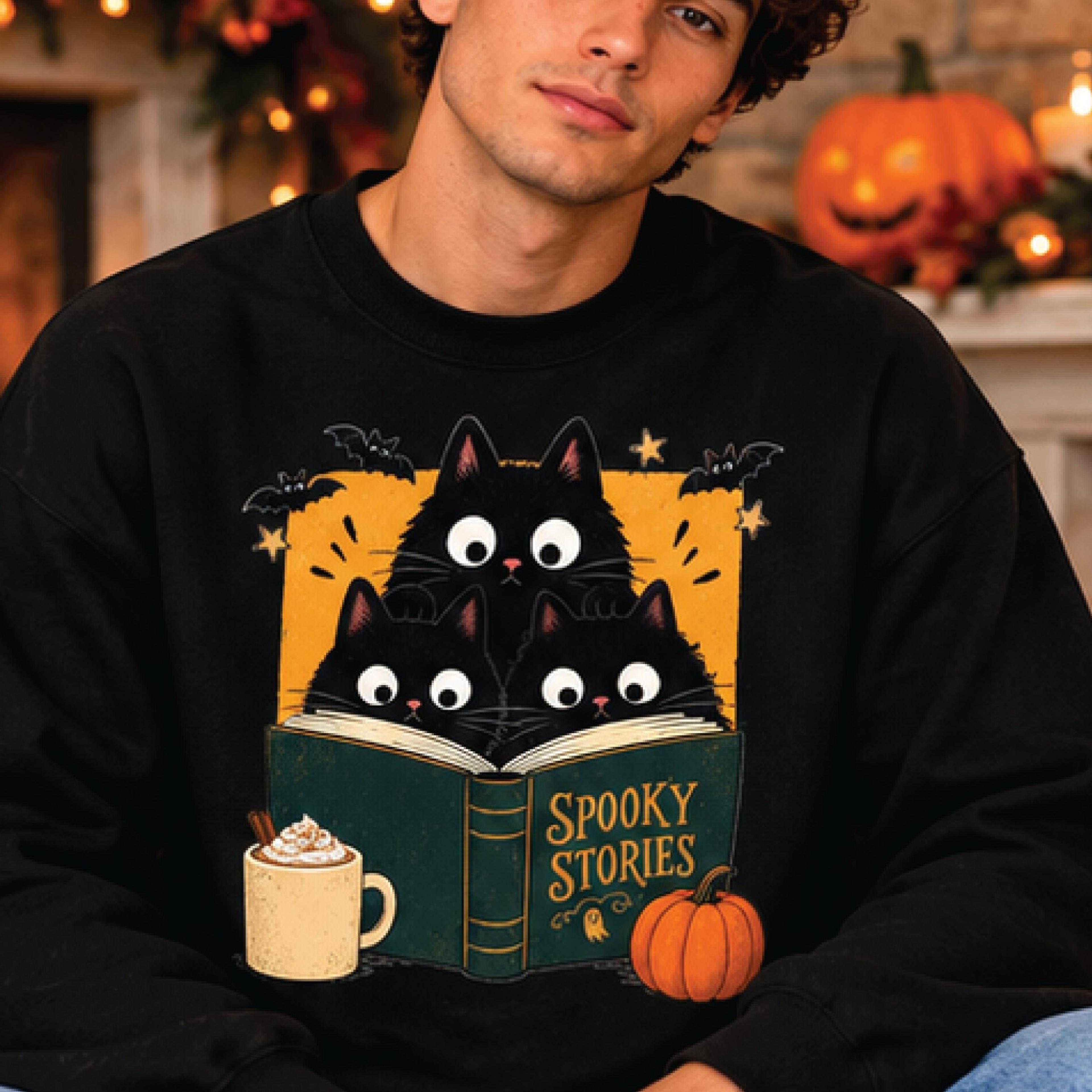 spooky stories halloween sweatshirt, cute black cat reading book crewneck, fall book lover gift, cozy halloween cat