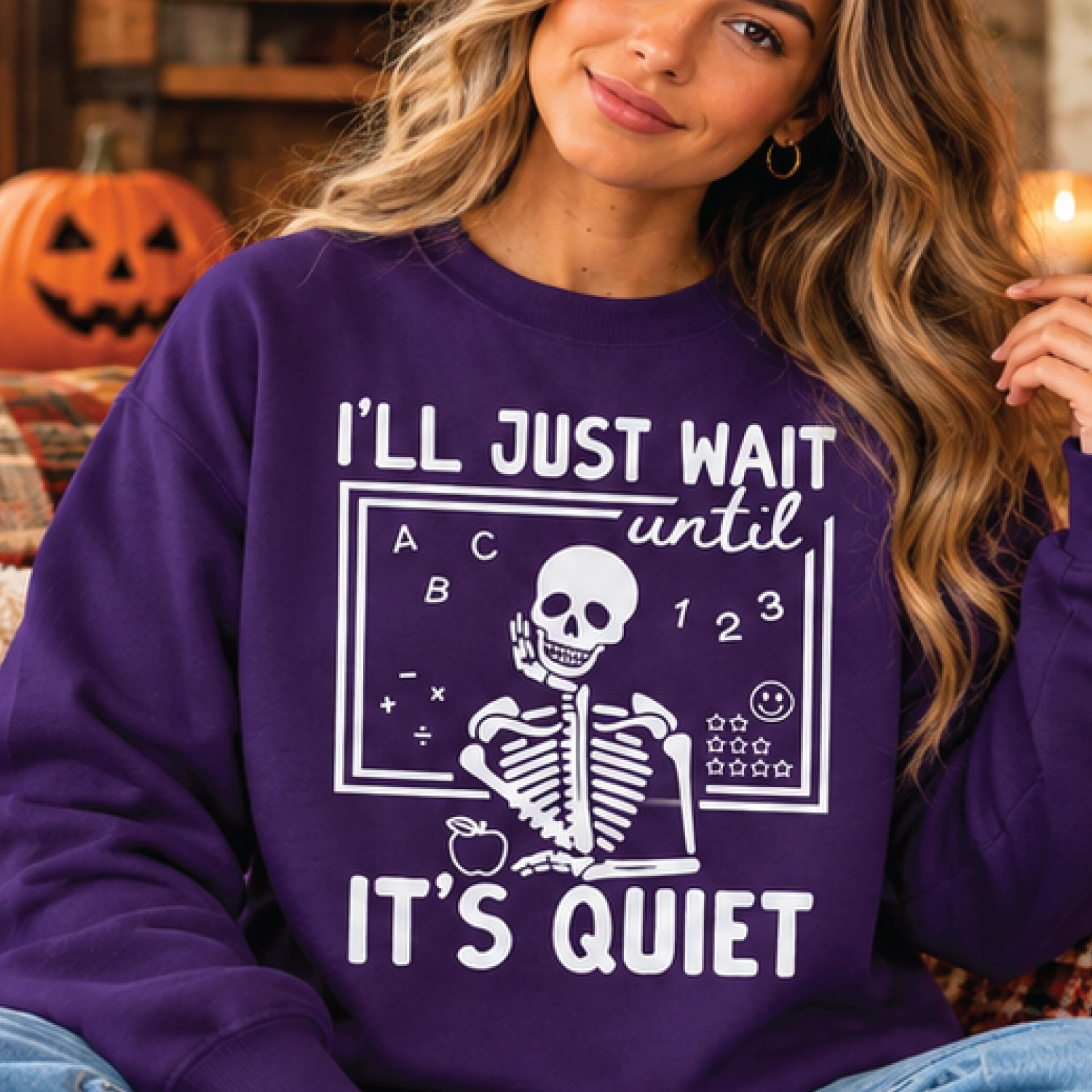 funny teacher halloween sweatshirt, i'll just wait until it's quiet skeleton crewneck, spooky classroom teacher gift