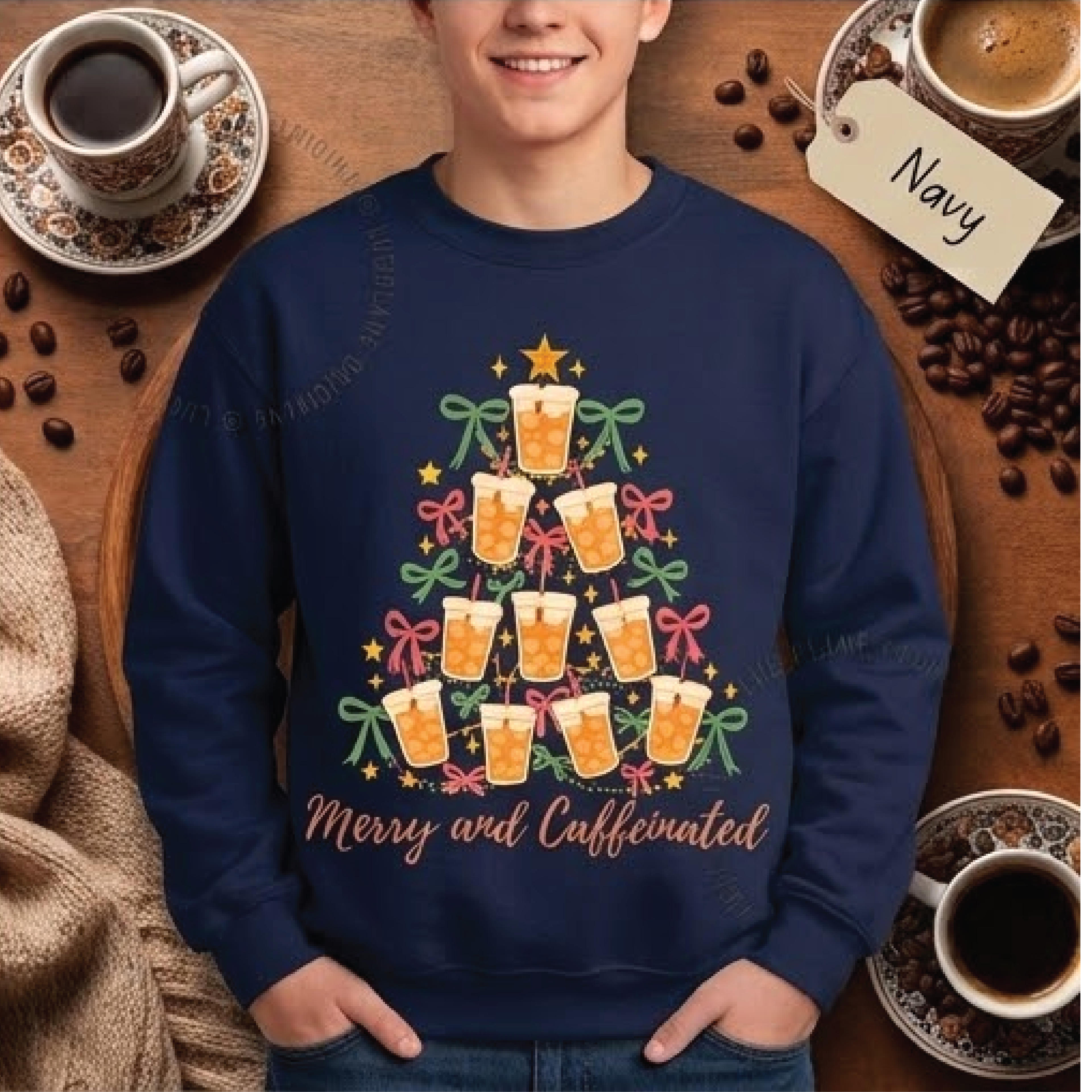 merry and caffeinated christmas tree sweatshirt cute iced coffee holiday crewneck funny coffee lover sweater