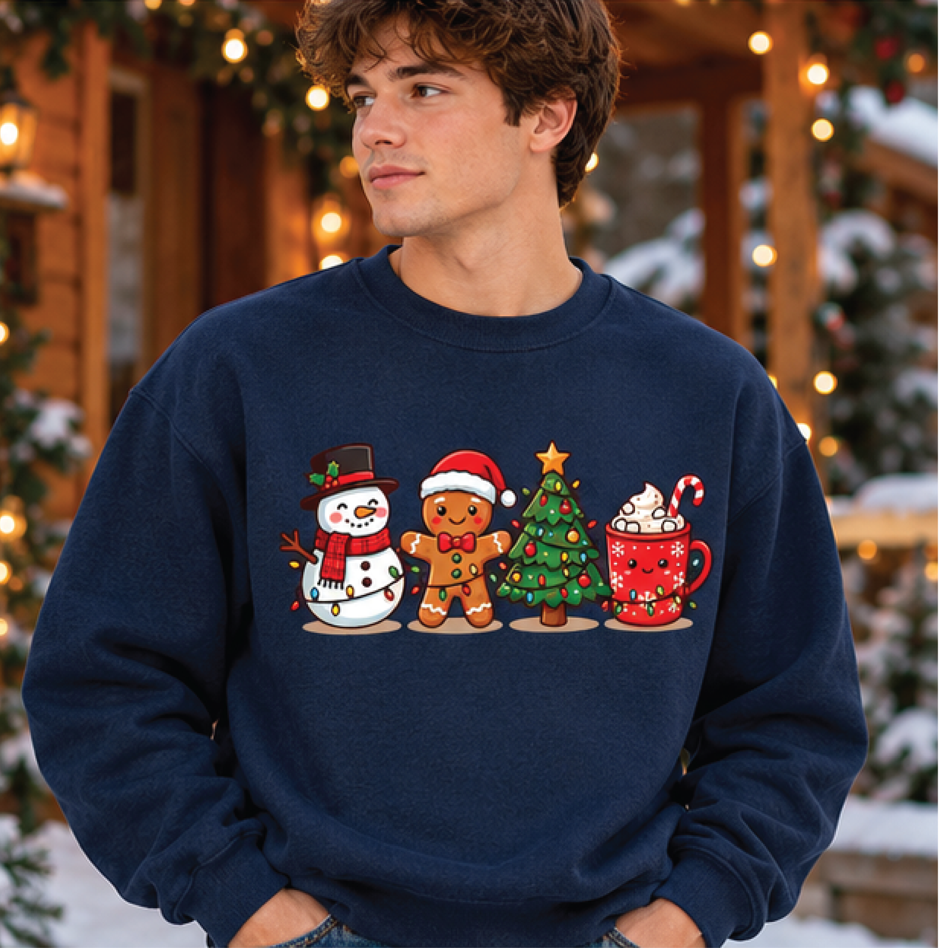 cute christmas sweatshirt, gingerbread man snowman christmas tree hot cocoa crewneck, kawaii holiday sweater, xmas gift