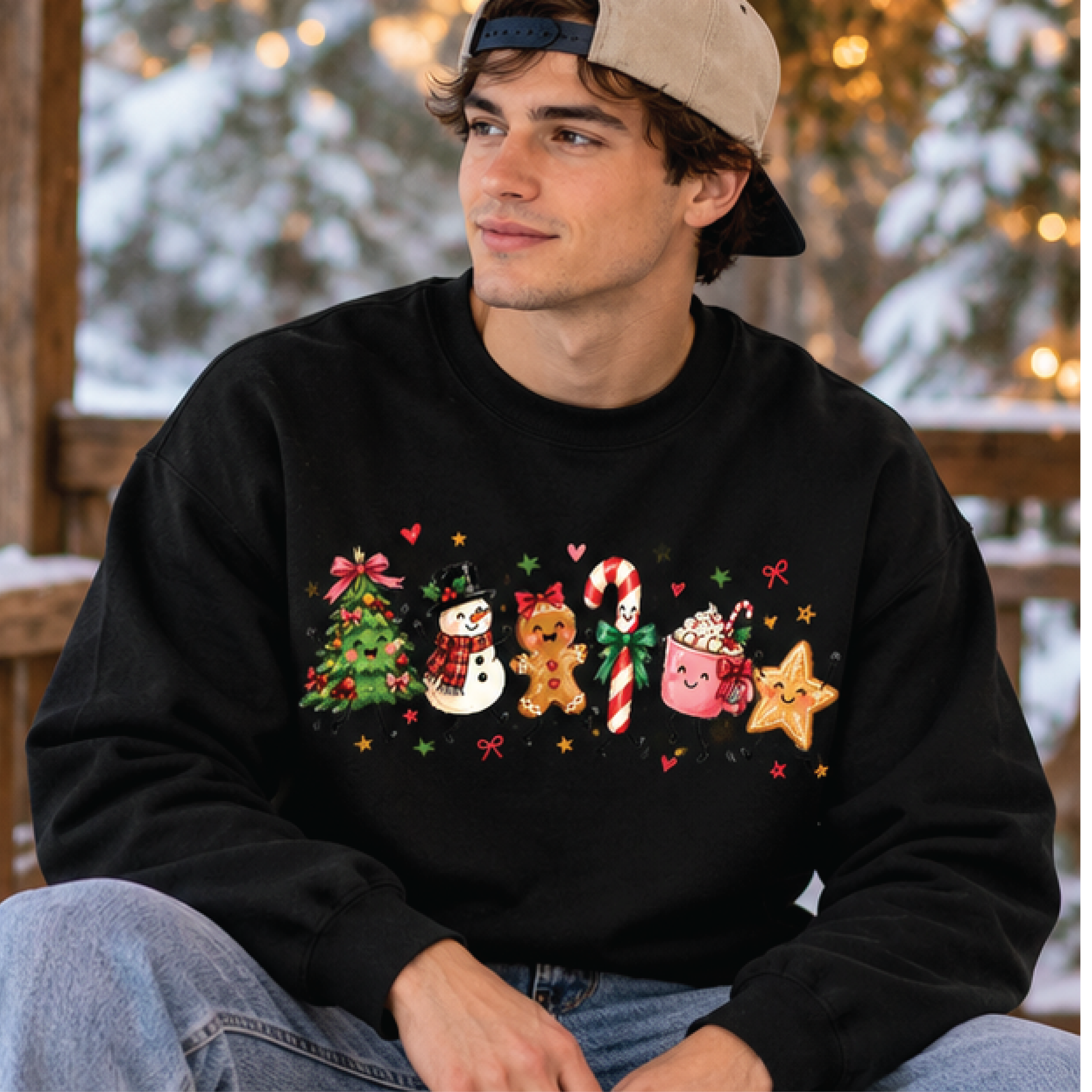 cute christmas sweatshirt, kawaii gingerbread snowman christmas tree crewneck, candy cane hot cocoa holiday sweater gift