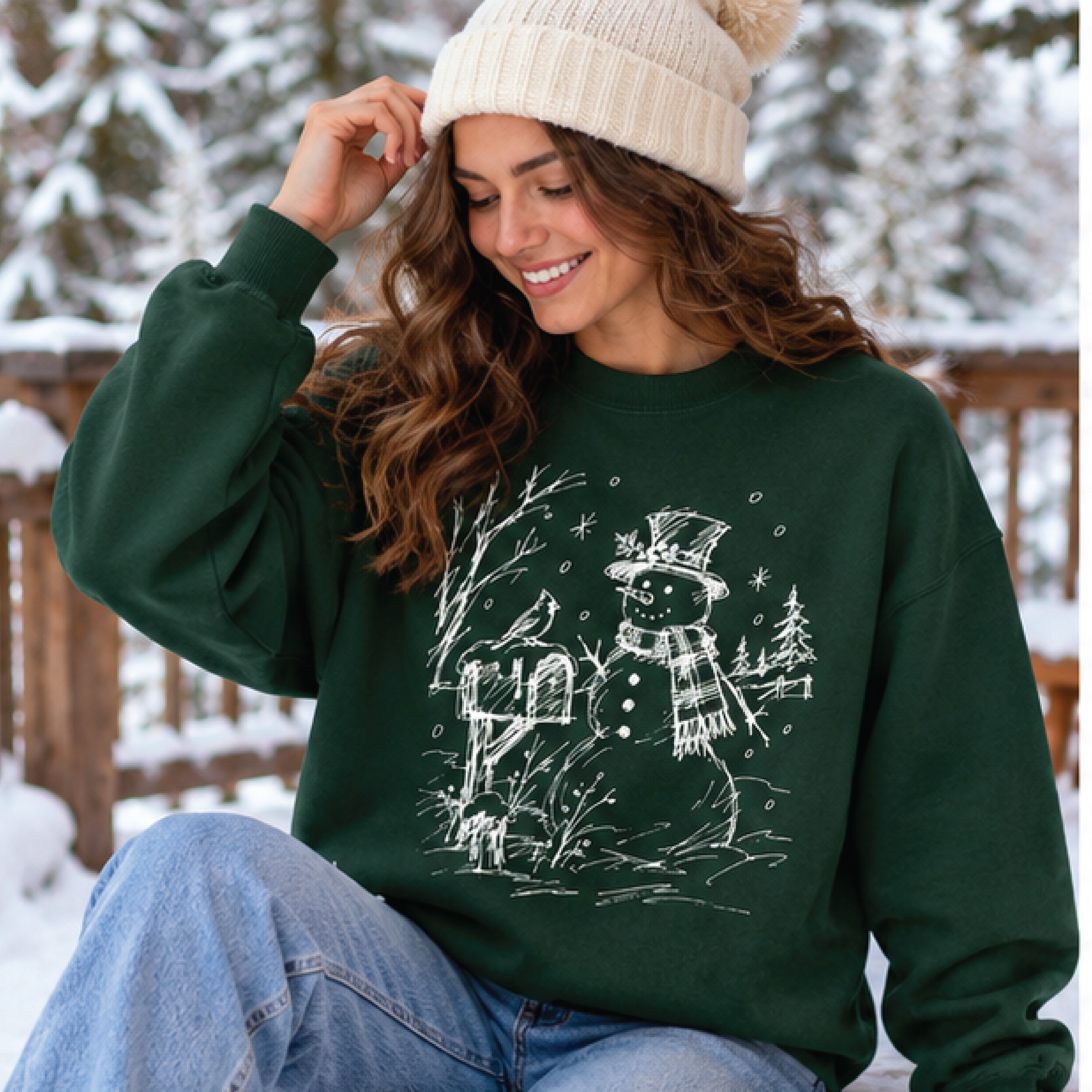 vintage snowman christmas sweatshirt, rustic winter wonderland crewneck, forest green holiday sweater, cozy xmas gift