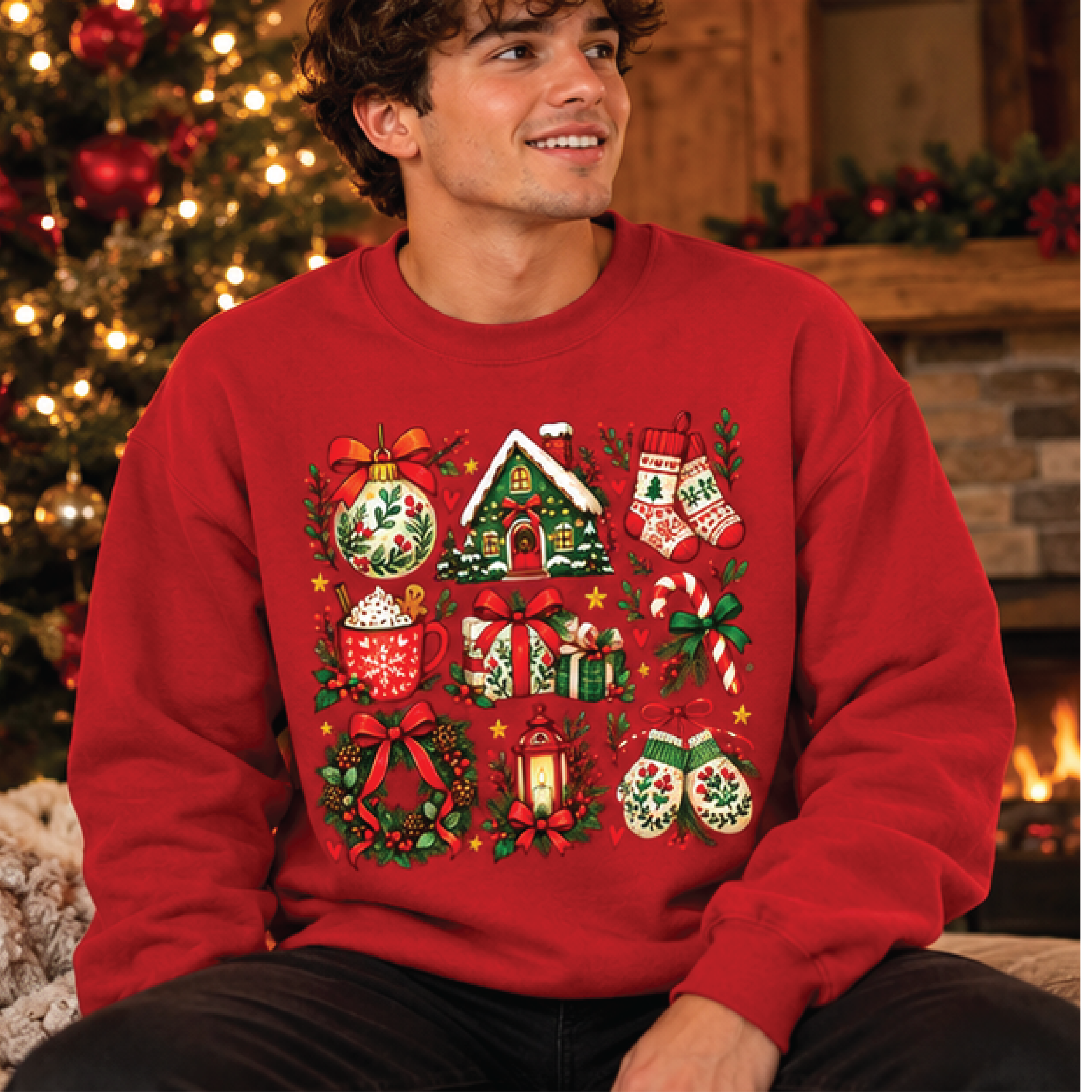 cozy christmas sweatshirt, vintage holiday icons crewneck, christmas cottage wreath stockings hot cocoa festive sweater