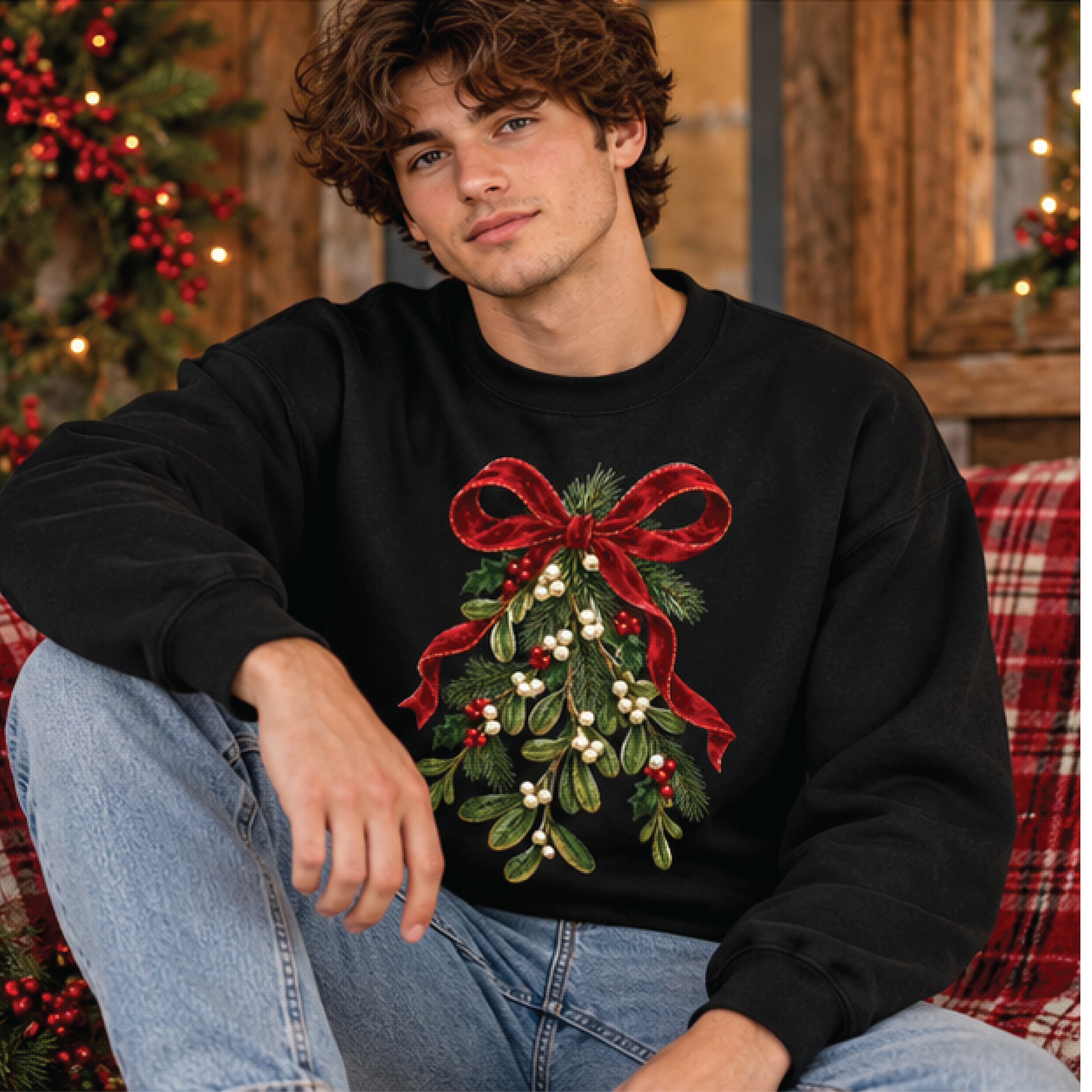 vintage mistletoe christmas sweatshirt, red velvet bow holiday crewneck, coquette christmas sweater, festive winter gift