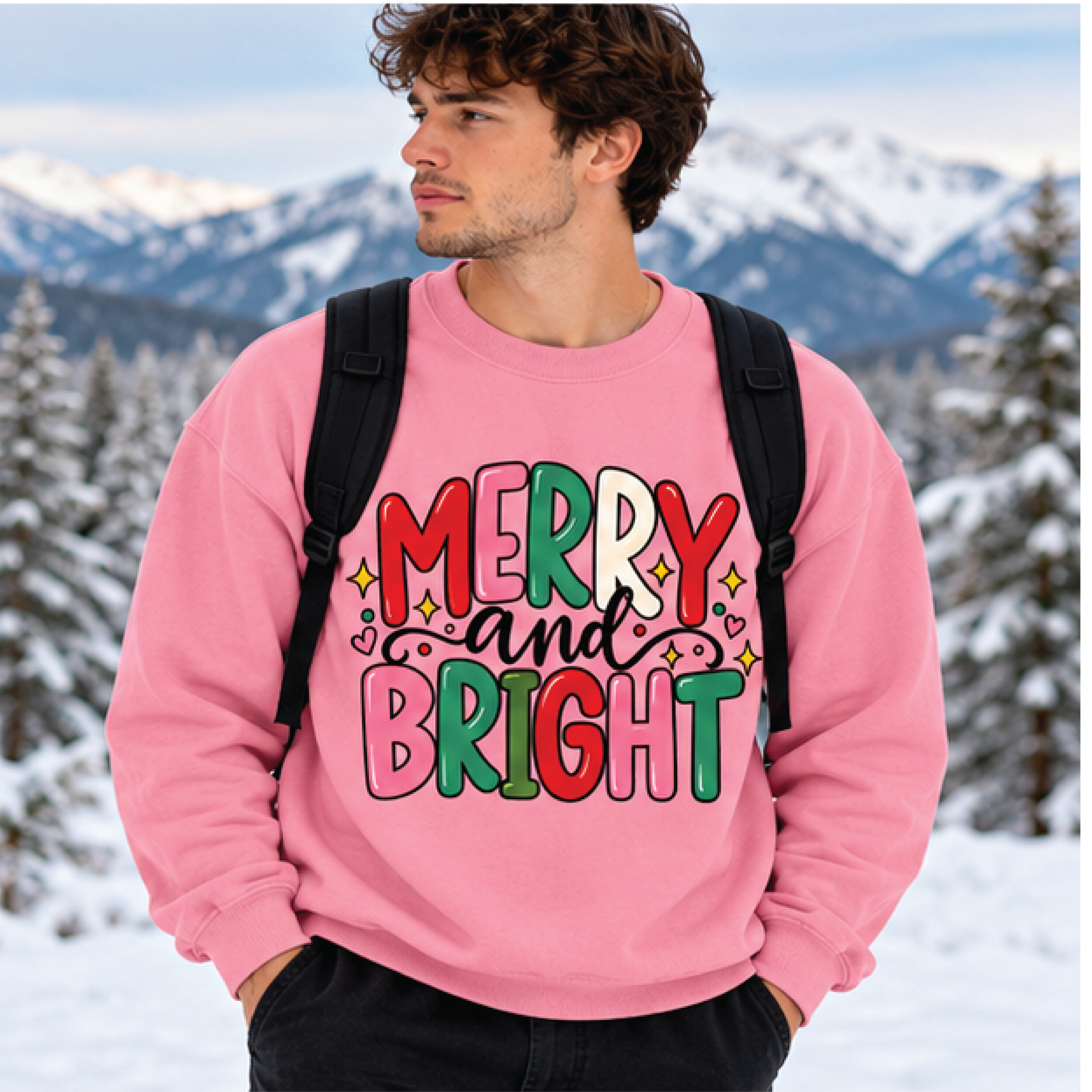 merry and bright christmas sweatshirt, colorful retro holiday crewneck, pink xmas sweater, cute festive christmas gift