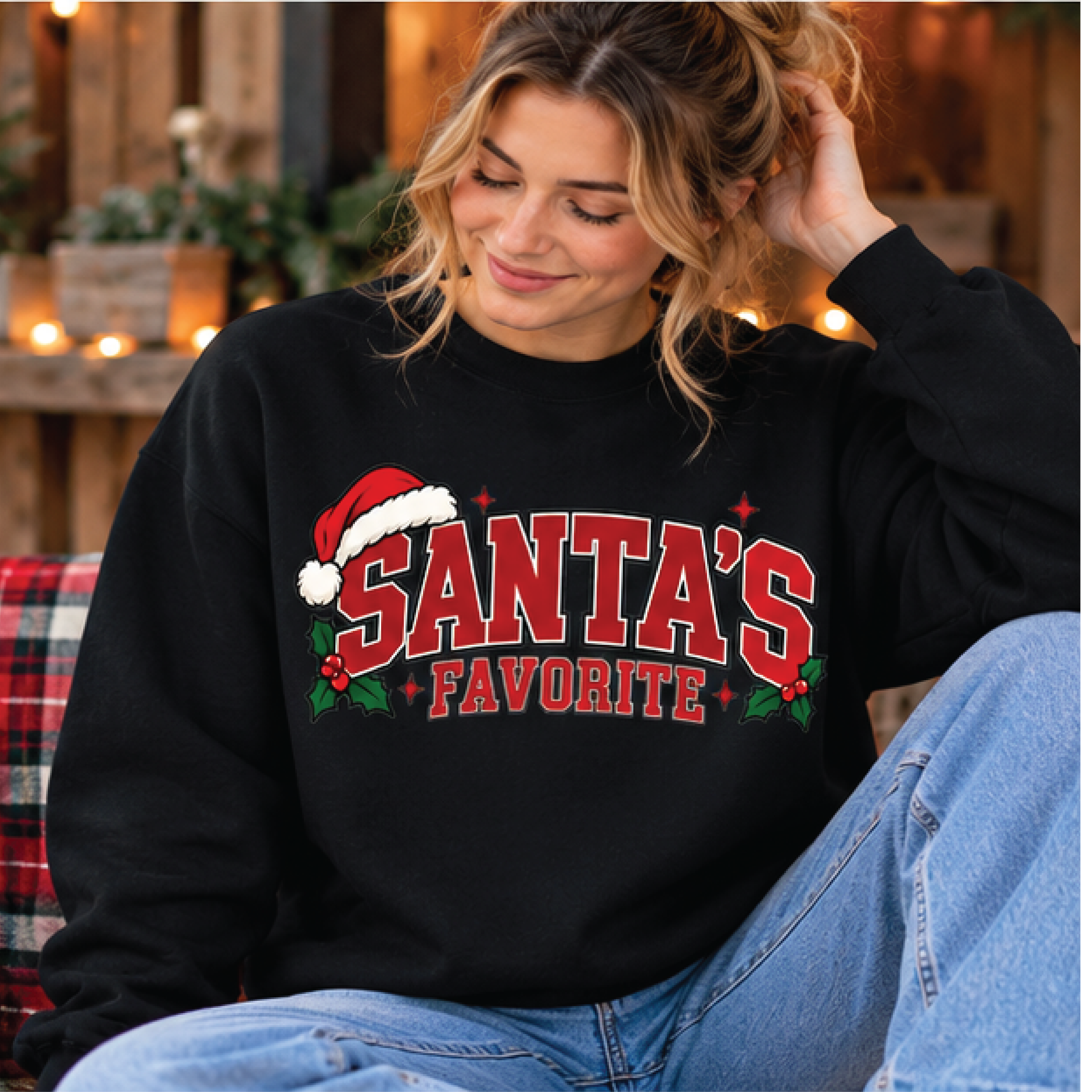 santa's favorite christmas sweatshirt, retro holiday crewneck, cute santa hat graphic sweater, festive xmas gift