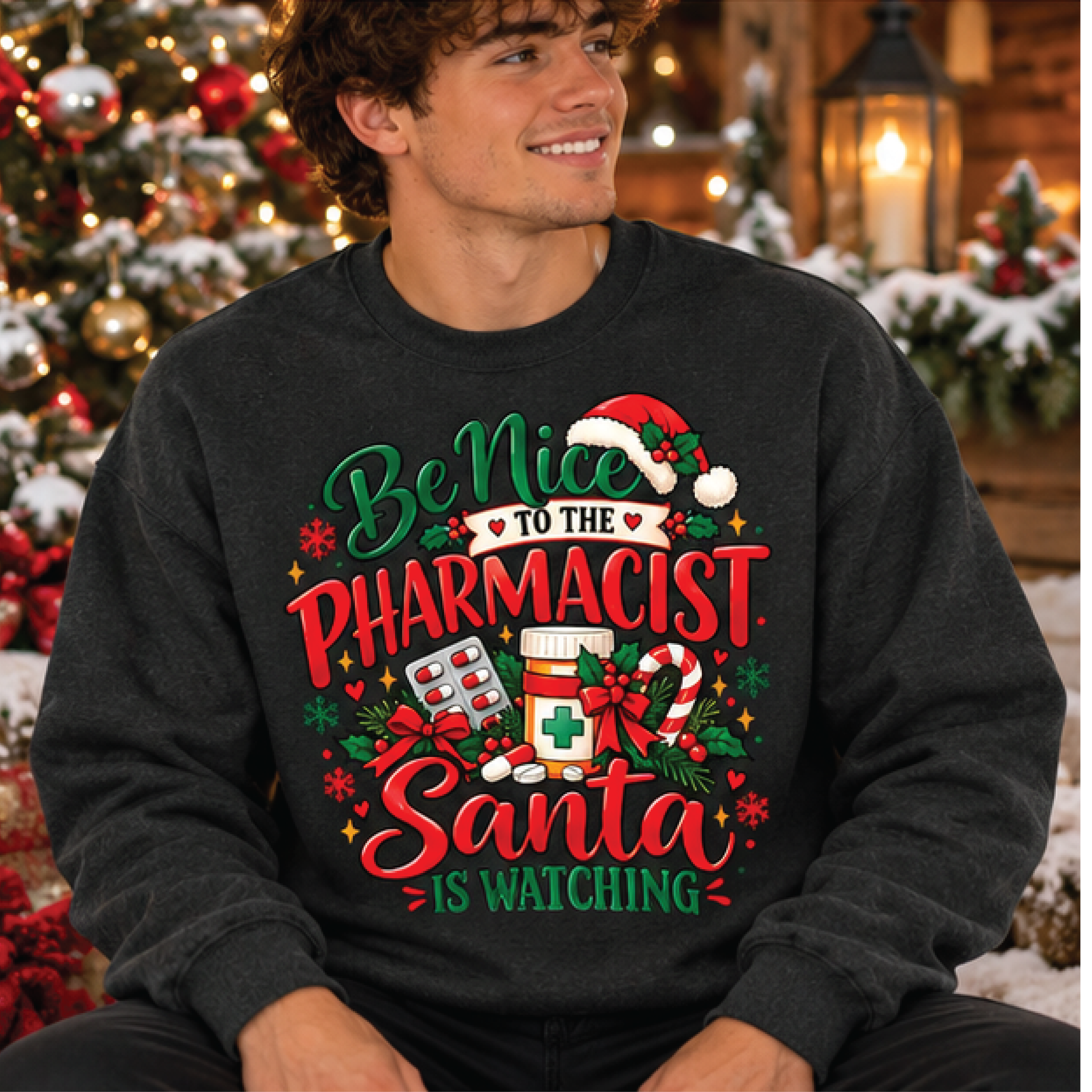 be nice to the pharmacist santa is watching sweatshirt, funny pharmacy christmas crewneck, holiday gift for pharmacists