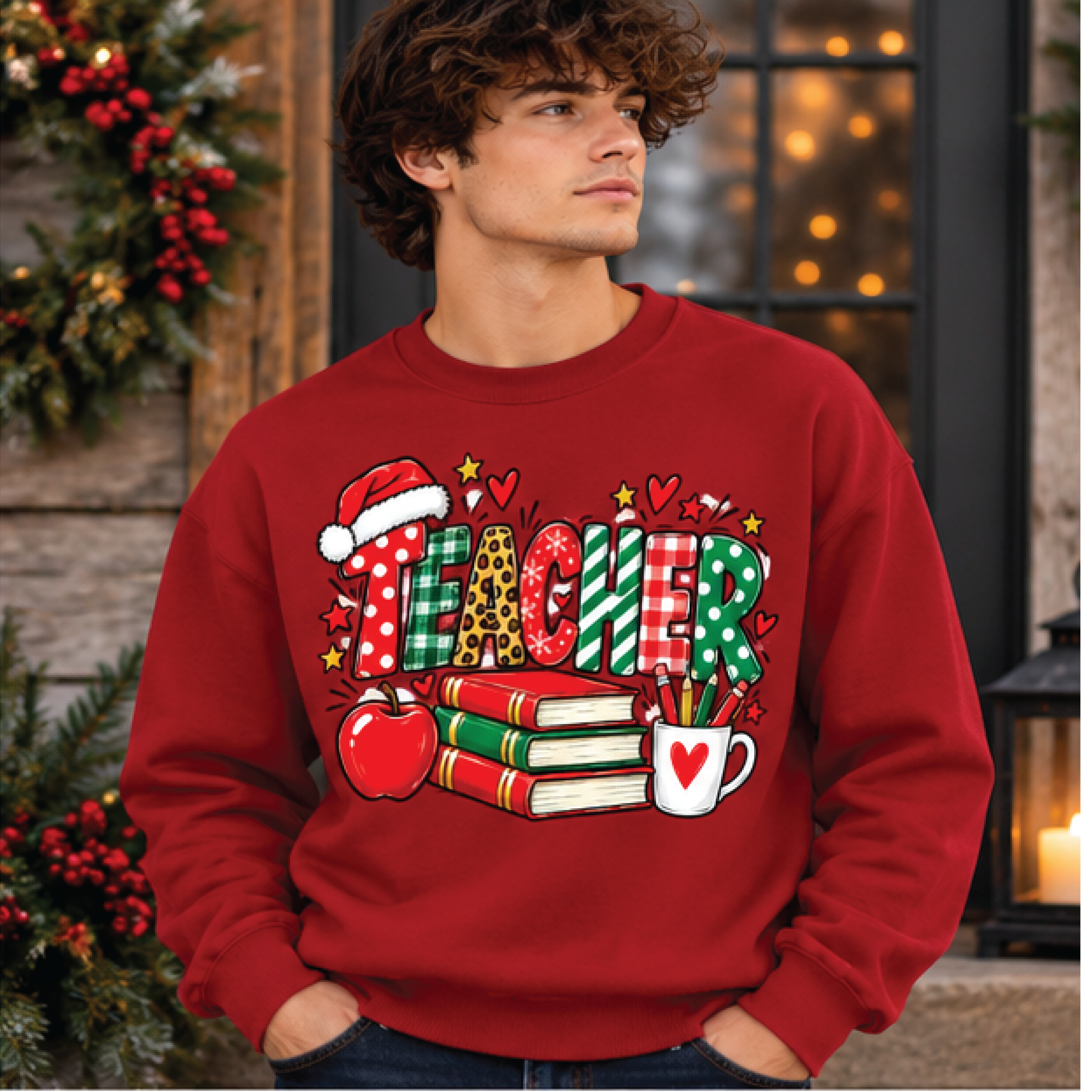 christmas teacher sweatshirt, colorful teacher holiday crewneck, cute christmas school graphic sweater, festive teacher