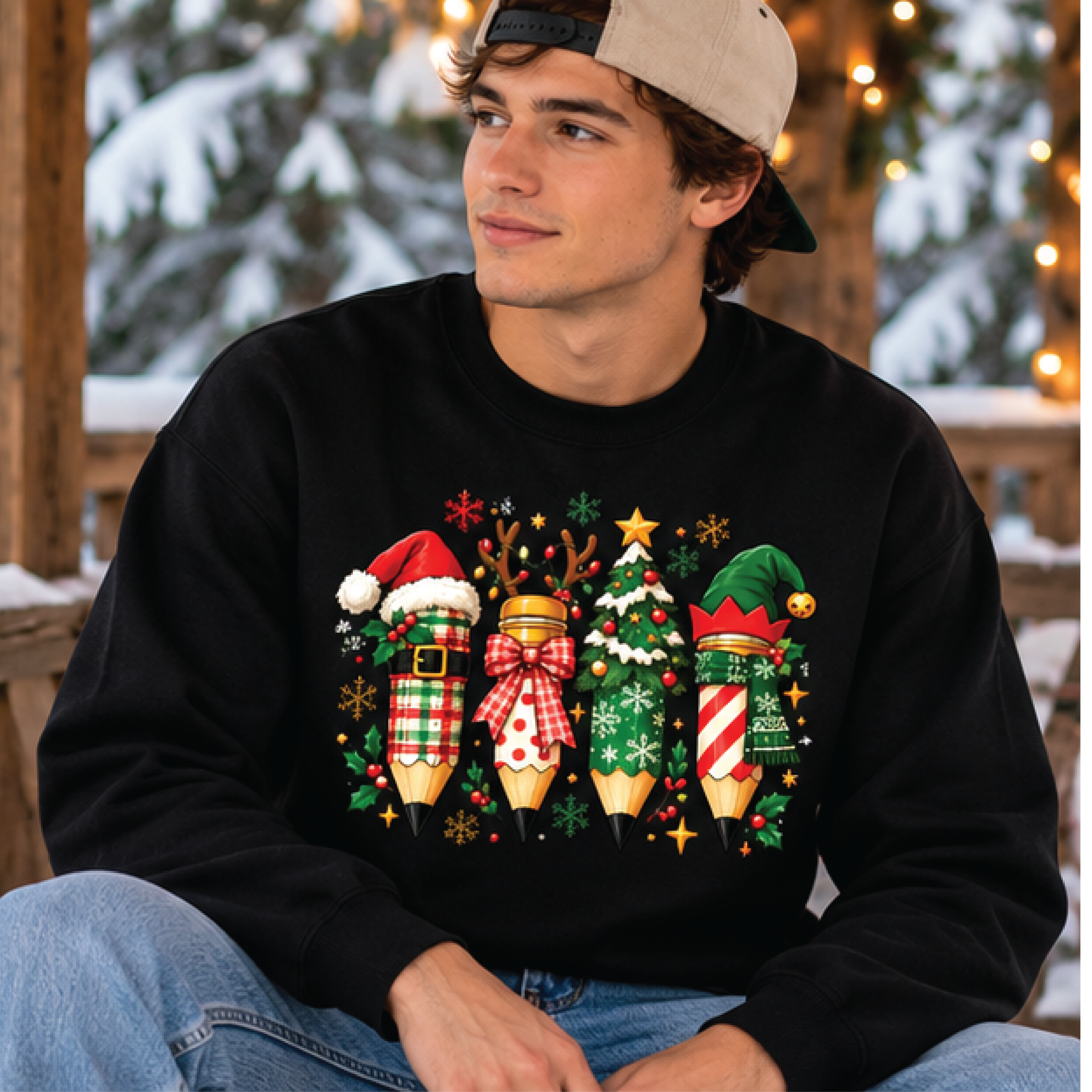 christmas pencil sweatshirt, cute holiday teacher crewneck, festive santa reindeer elf pencils, christmas gift
