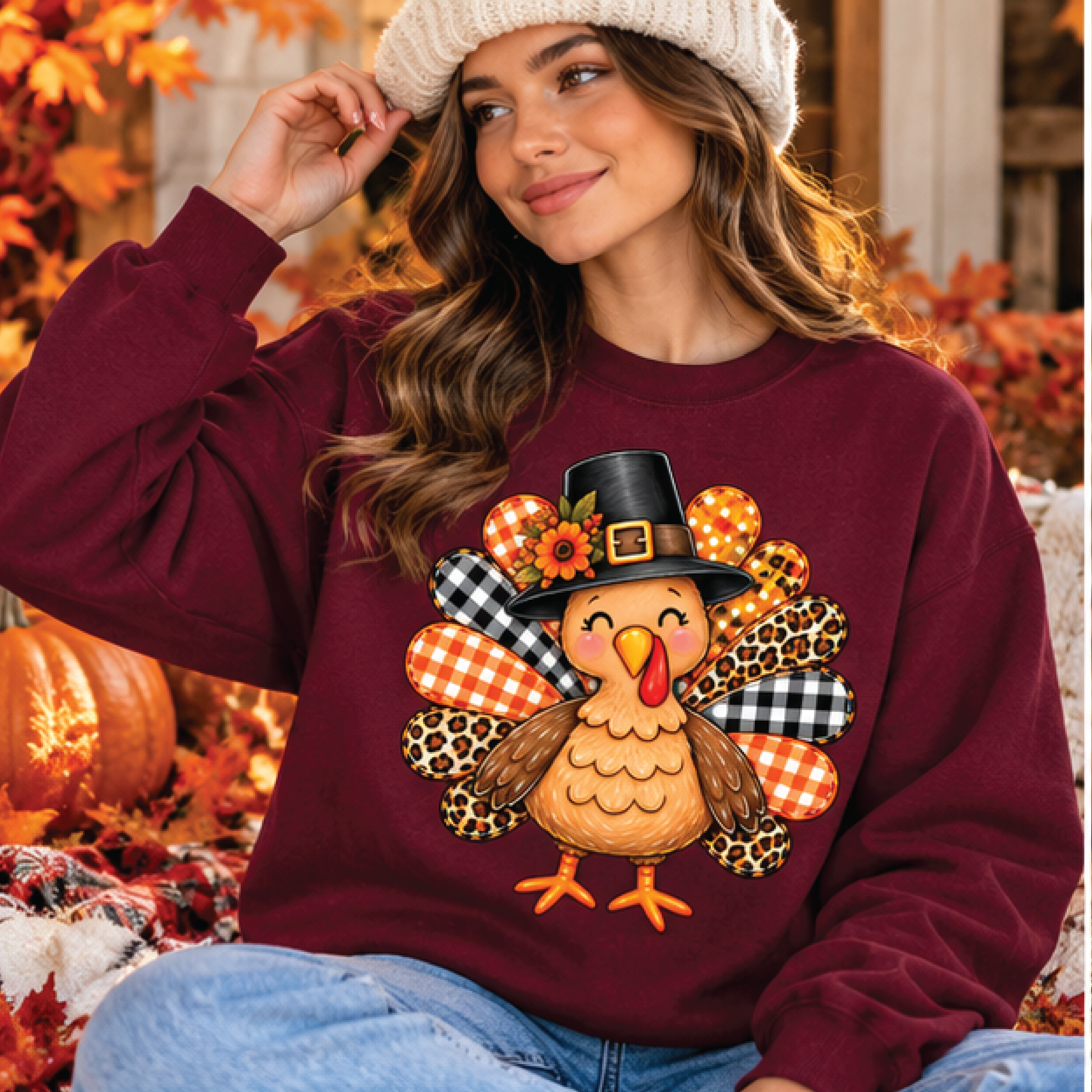 cute thanksgiving turkey sweatshirt, leopard print turkey crewneck, funny fall graphic sweater, cozy autumn holiday gift