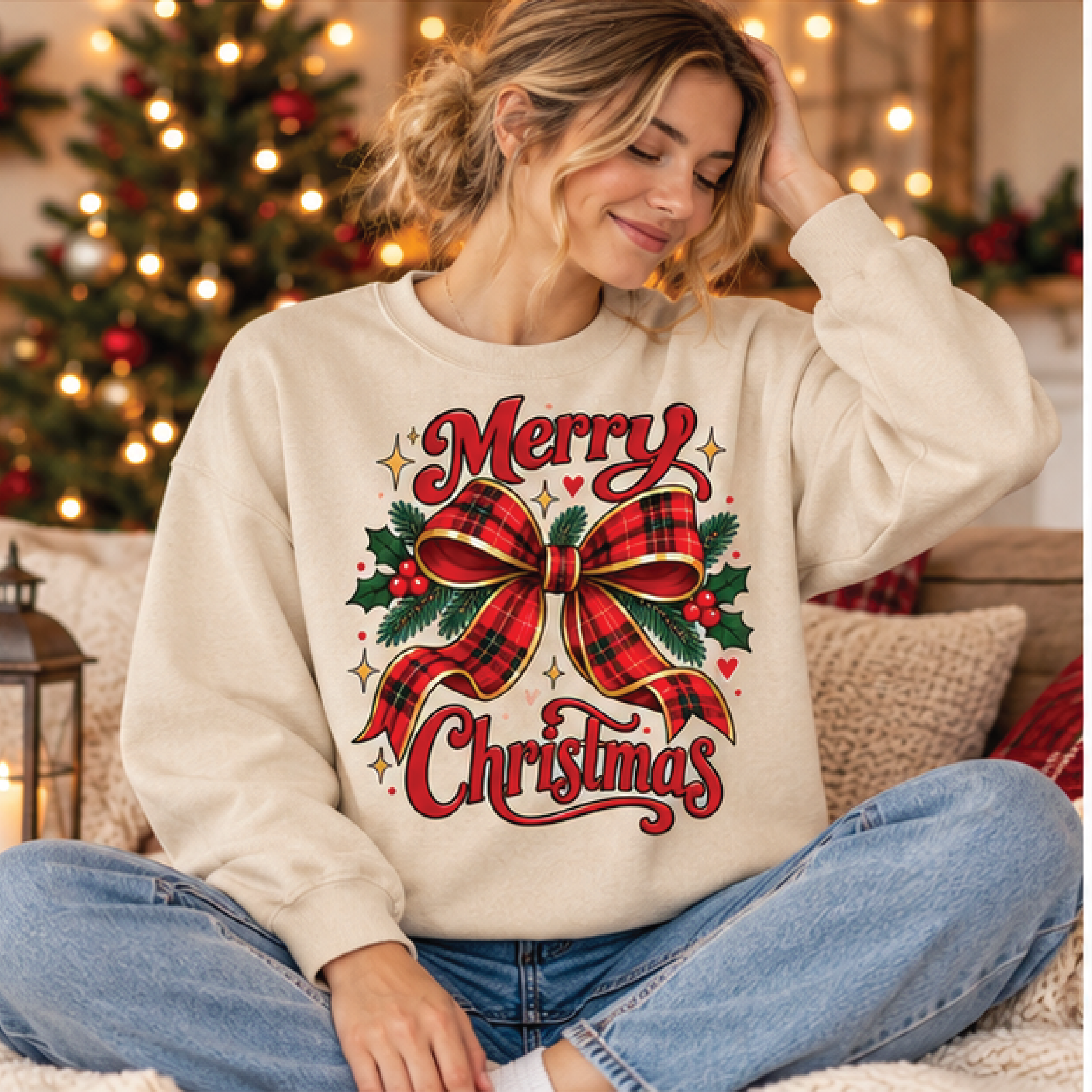 merry christmas bow sweatshirt, red plaid ribbon christmas crewneck, cute coquette holiday sweater, festive xmas gift