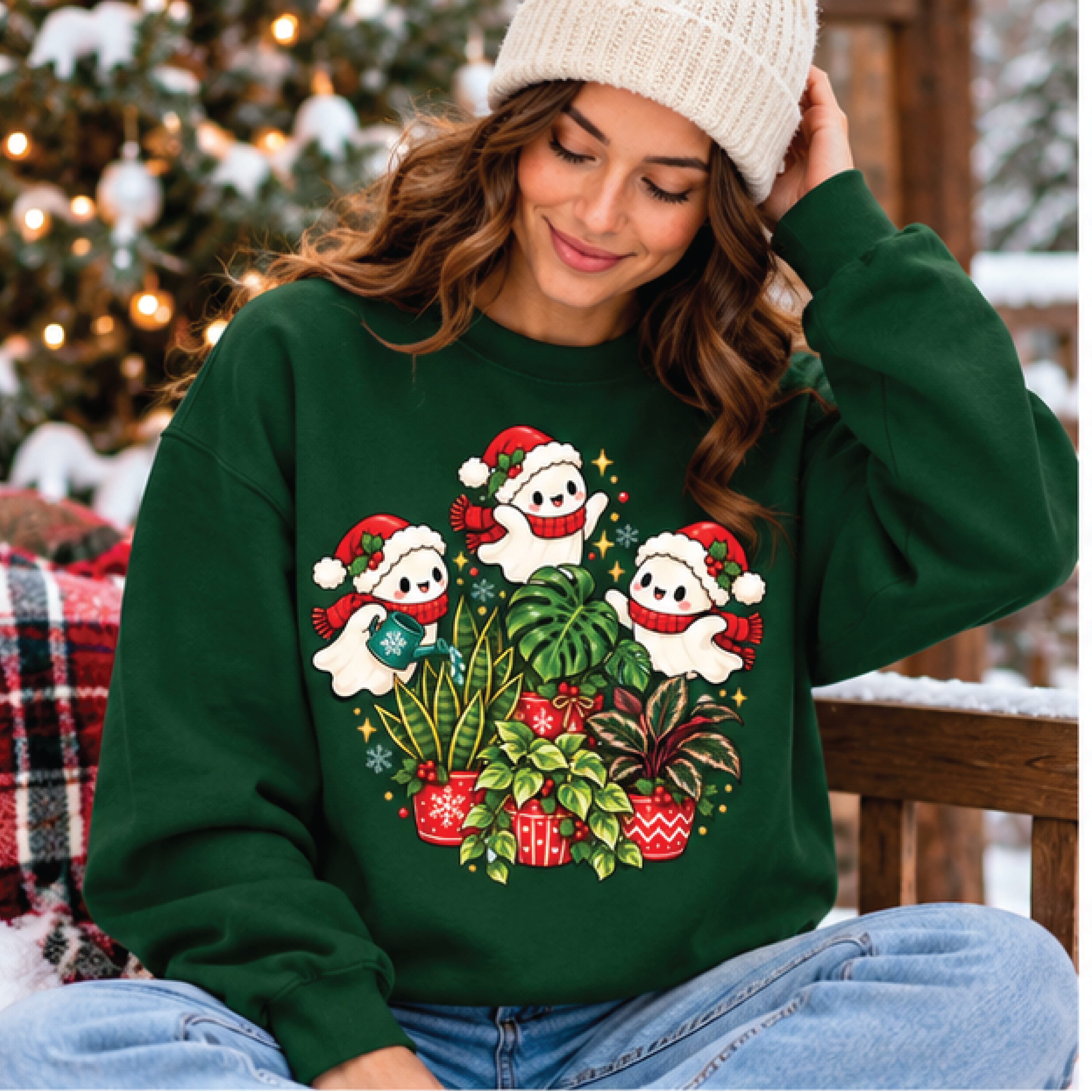 cute christmas ghost sweatshirt, plant lover holiday crewneck, festive ghosts with houseplants, cozy christmas gift