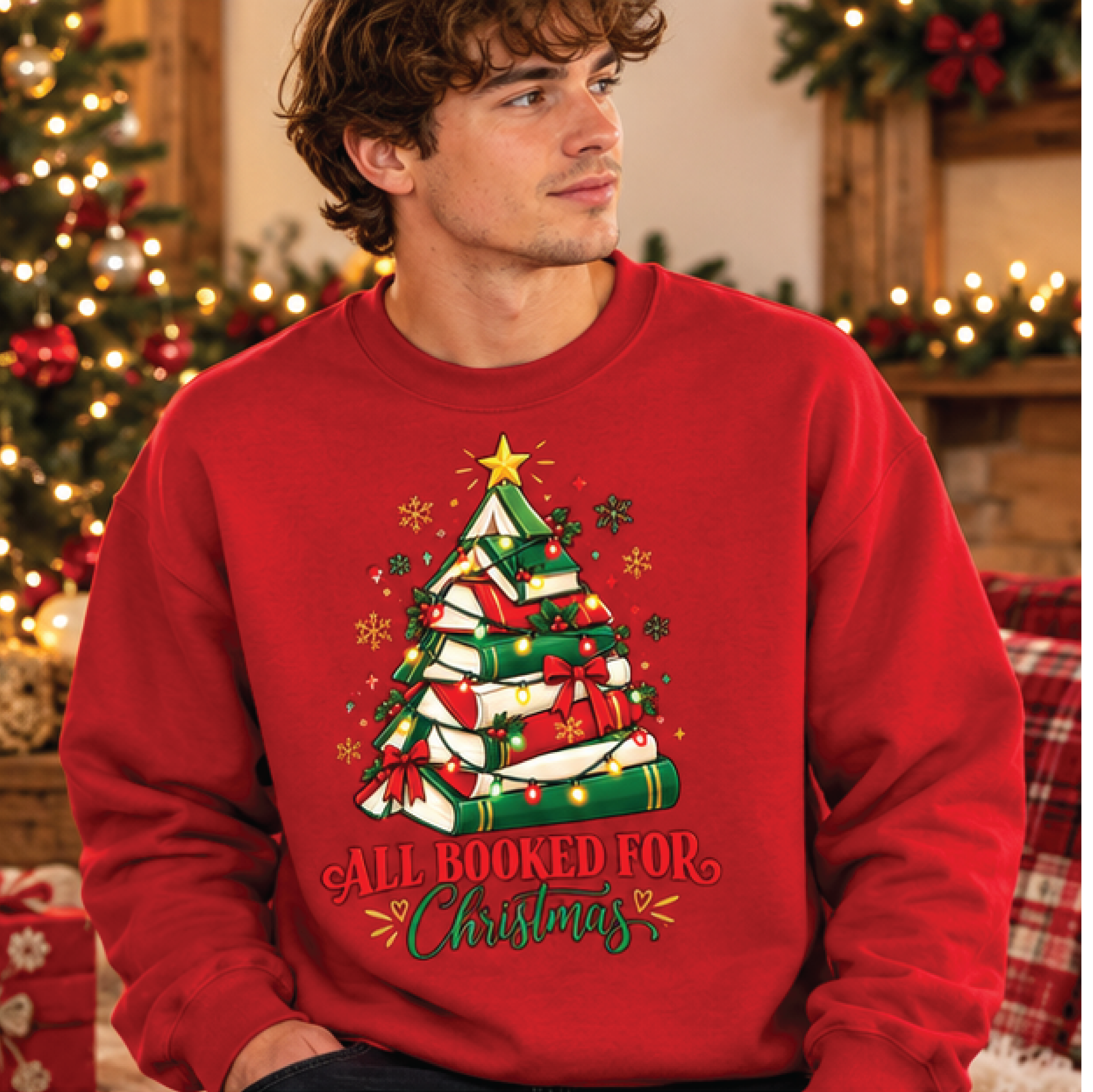 all booked for christmas sweatshirt, christmas book tree crewneck, book lover holiday gift, festive reading sweatshirt