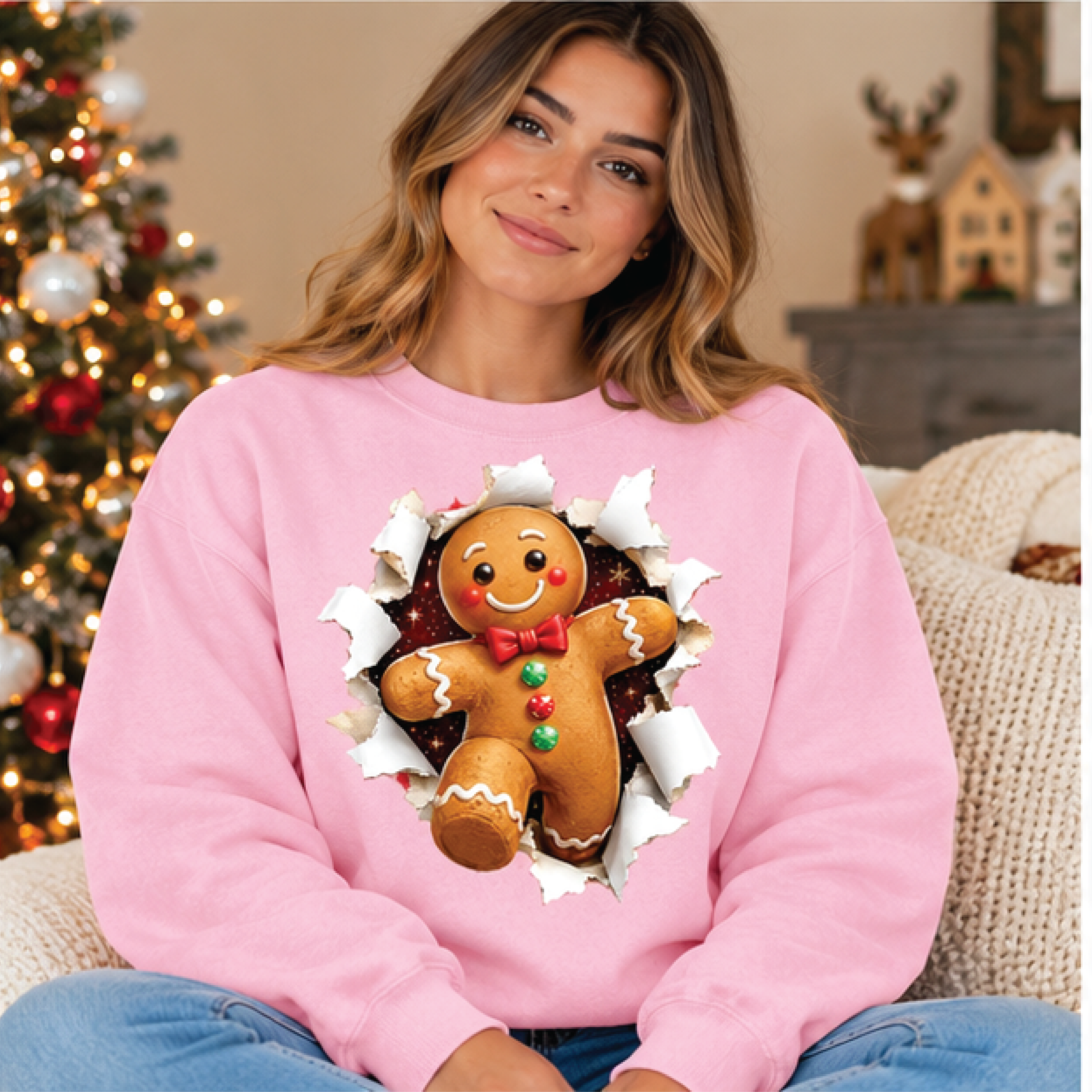 gingerbread man christmas sweatshirt, cute 3d ripped paper gingerbread cookie crewneck, funny holiday sweater, christmas