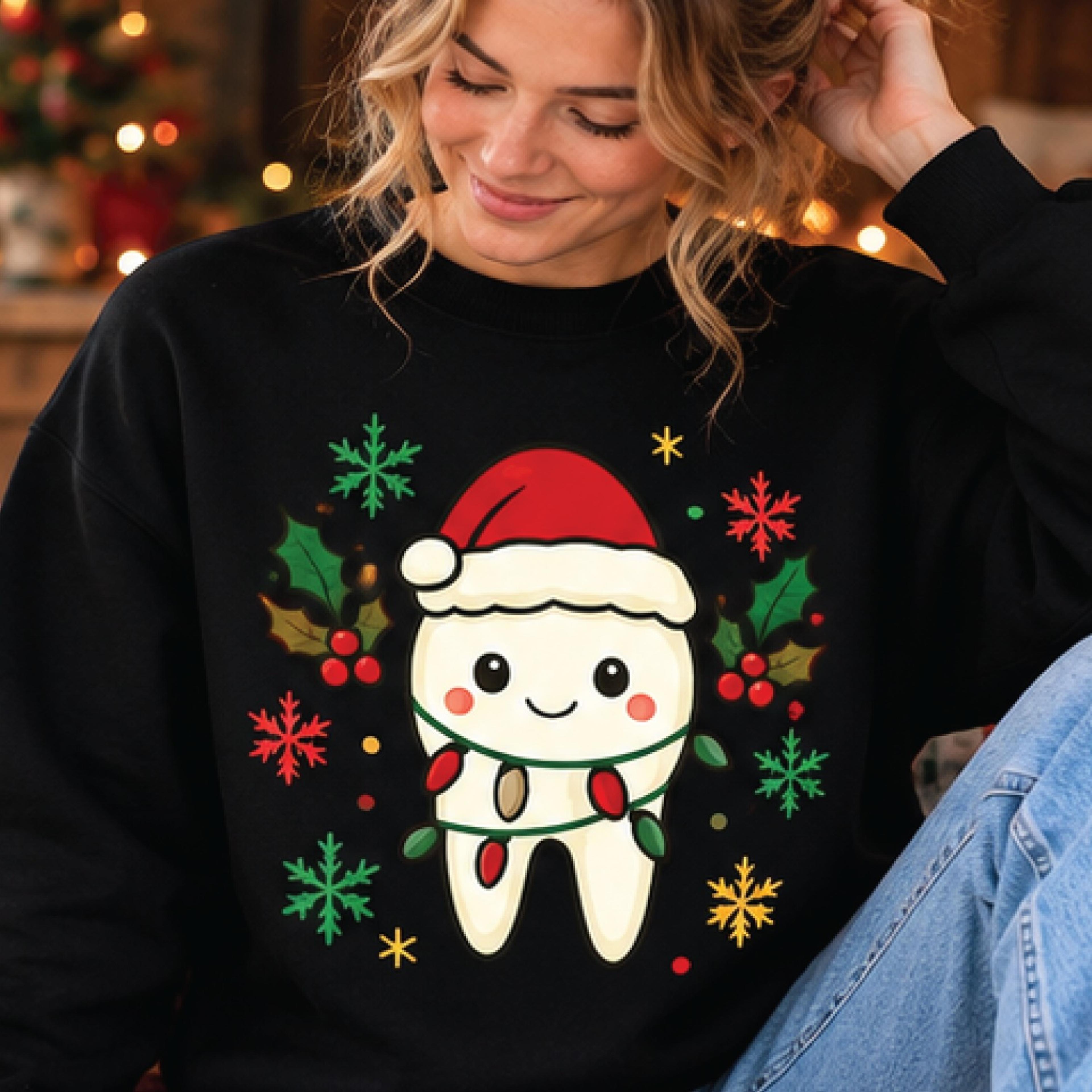 cute christmas tooth sweatshirt, santa hat tooth crewneck, dental hygienist holiday sweater, dentist christmas gift