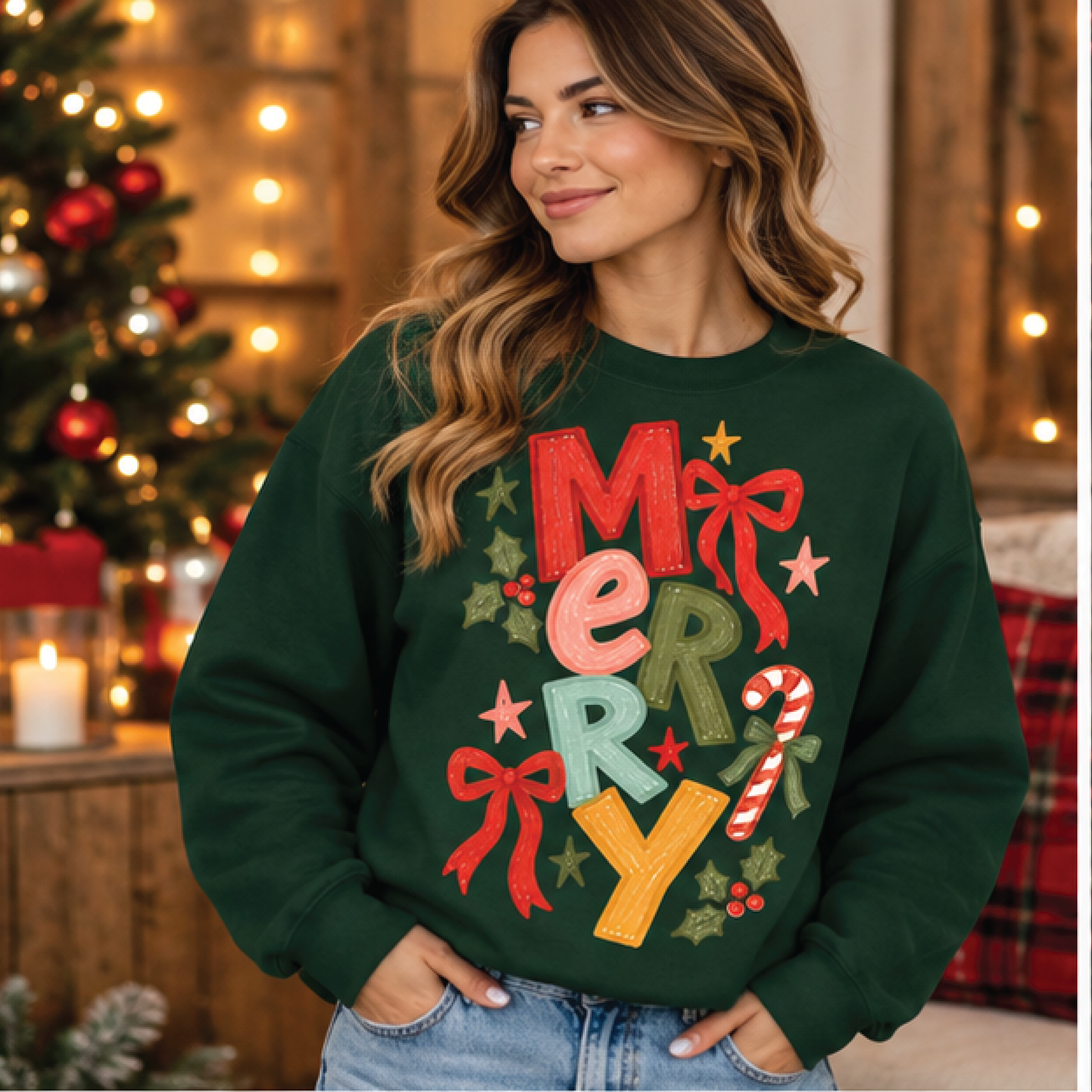 merry christmas sweatshirt, retro colorful merry letter crewneck, cute christmas bow sweater, festive holiday gift