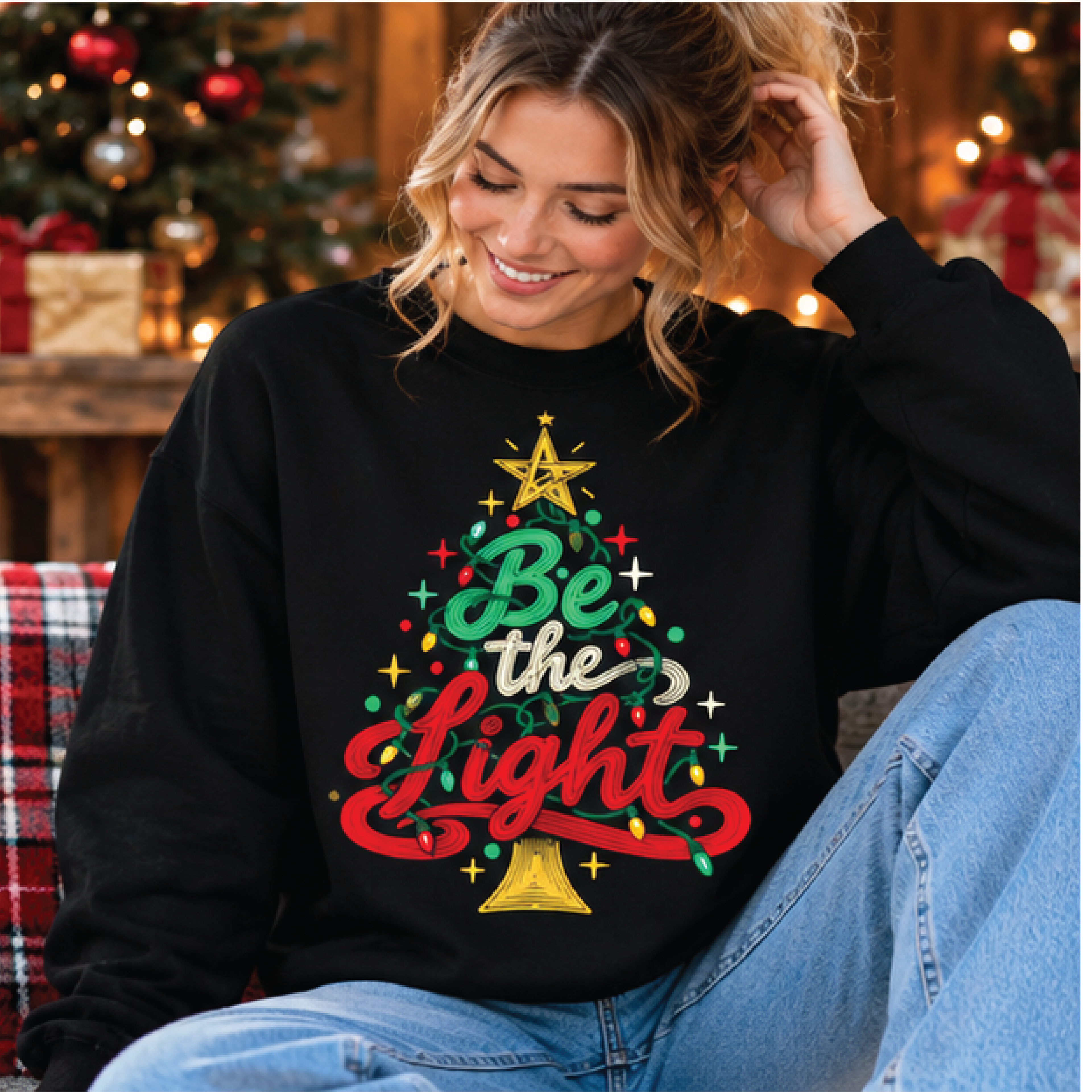 be the light christmas sweatshirt, inspirational holiday crewneck, christmas tree lights sweater, christian christmas