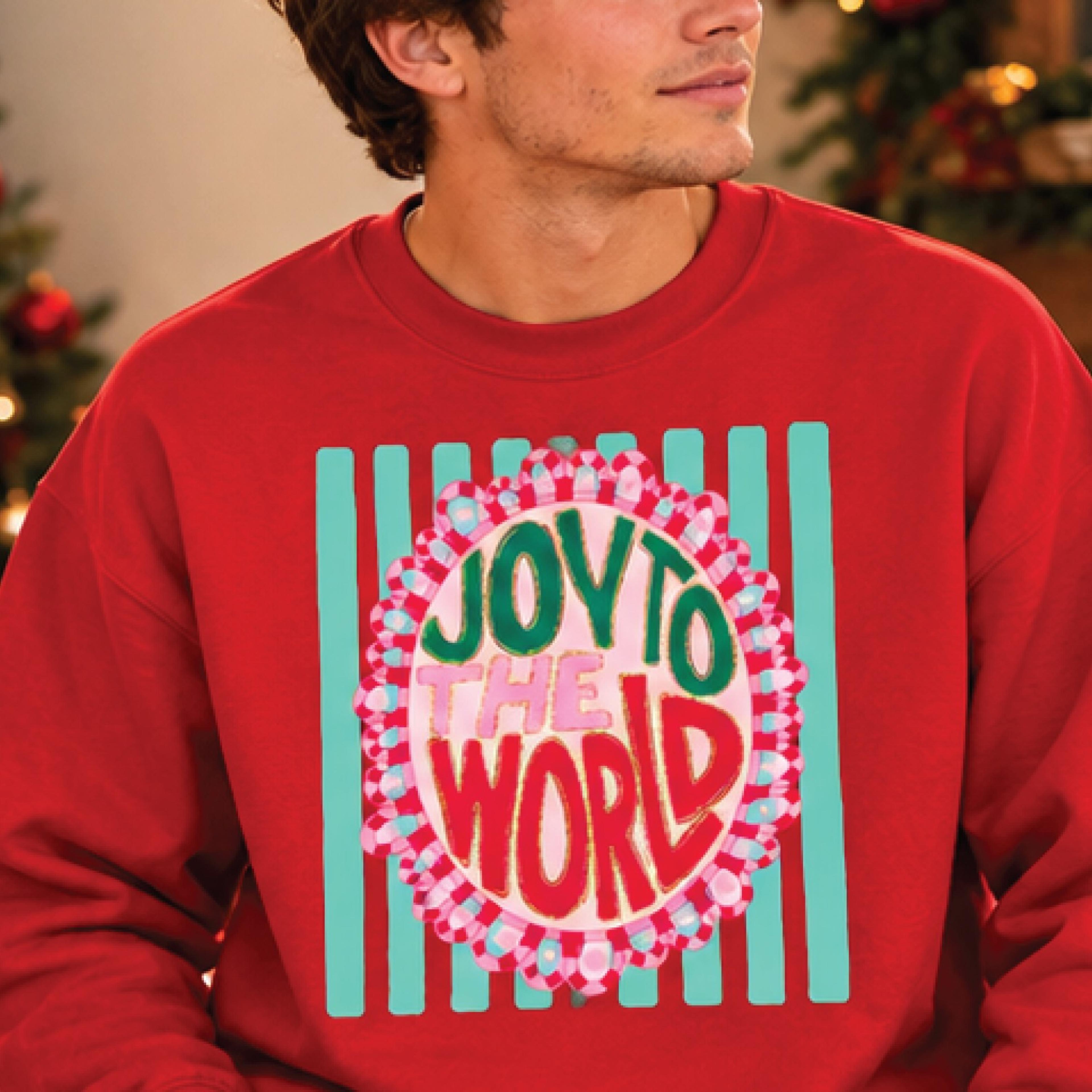 joy to the world christmas sweatshirt, retro pink holiday crewneck, colorful christmas graphic sweater, cute festive