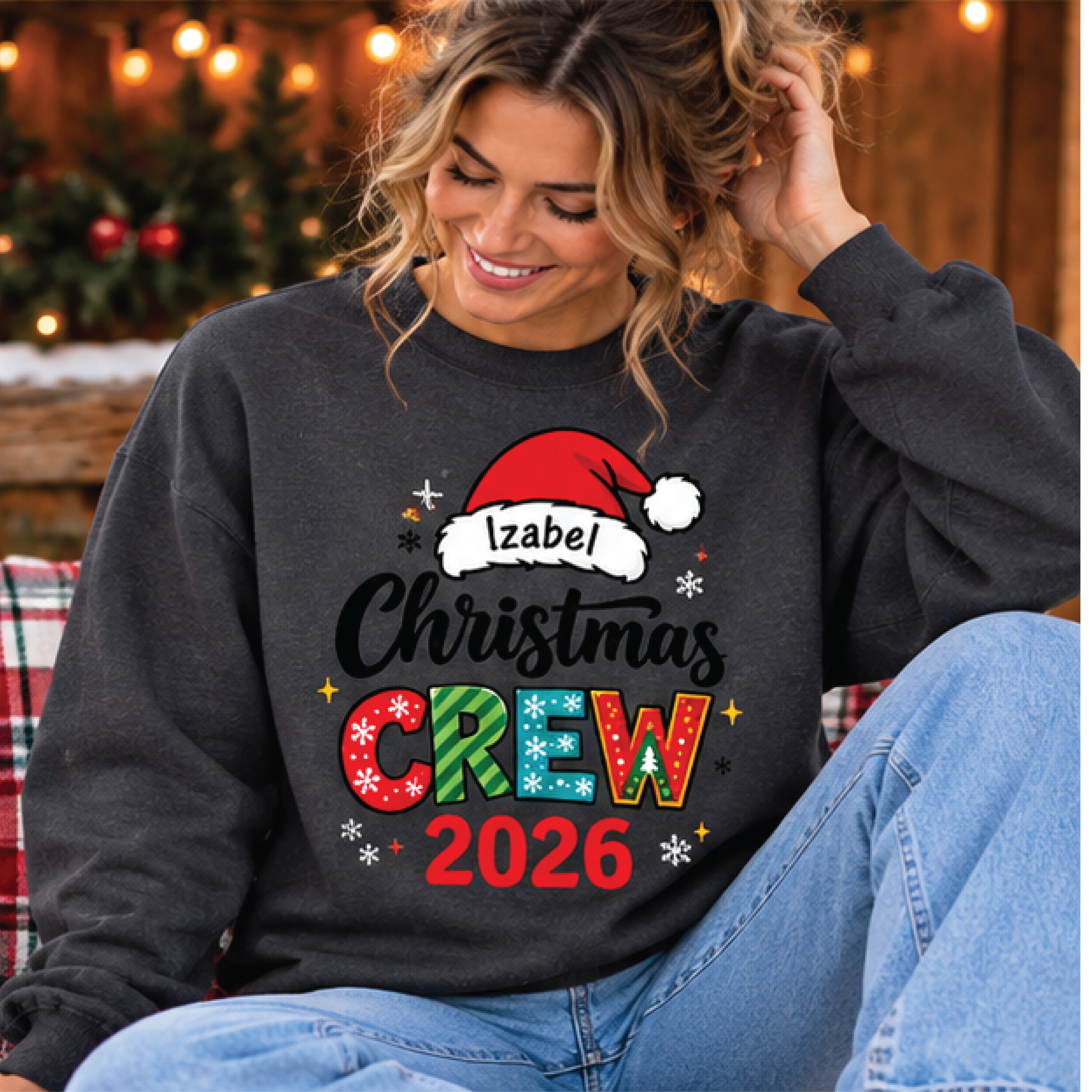 personalized christmas crew 2026 sweatshirt, custom name santa hat christmas sweater, matching family holiday gift