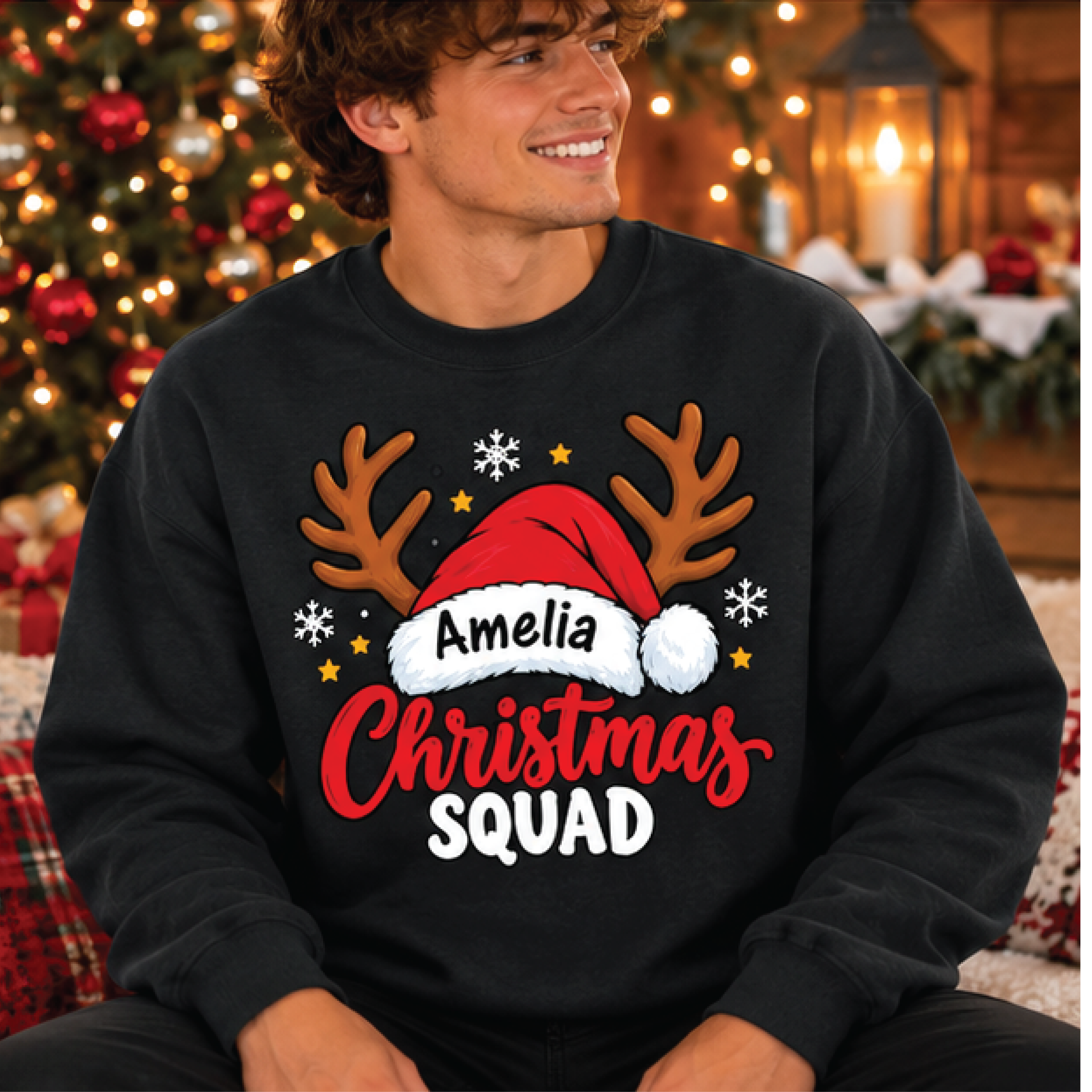 personalized christmas squad sweatshirt, custom name santa hat reindeer crewneck, matching family christmas holiday gift