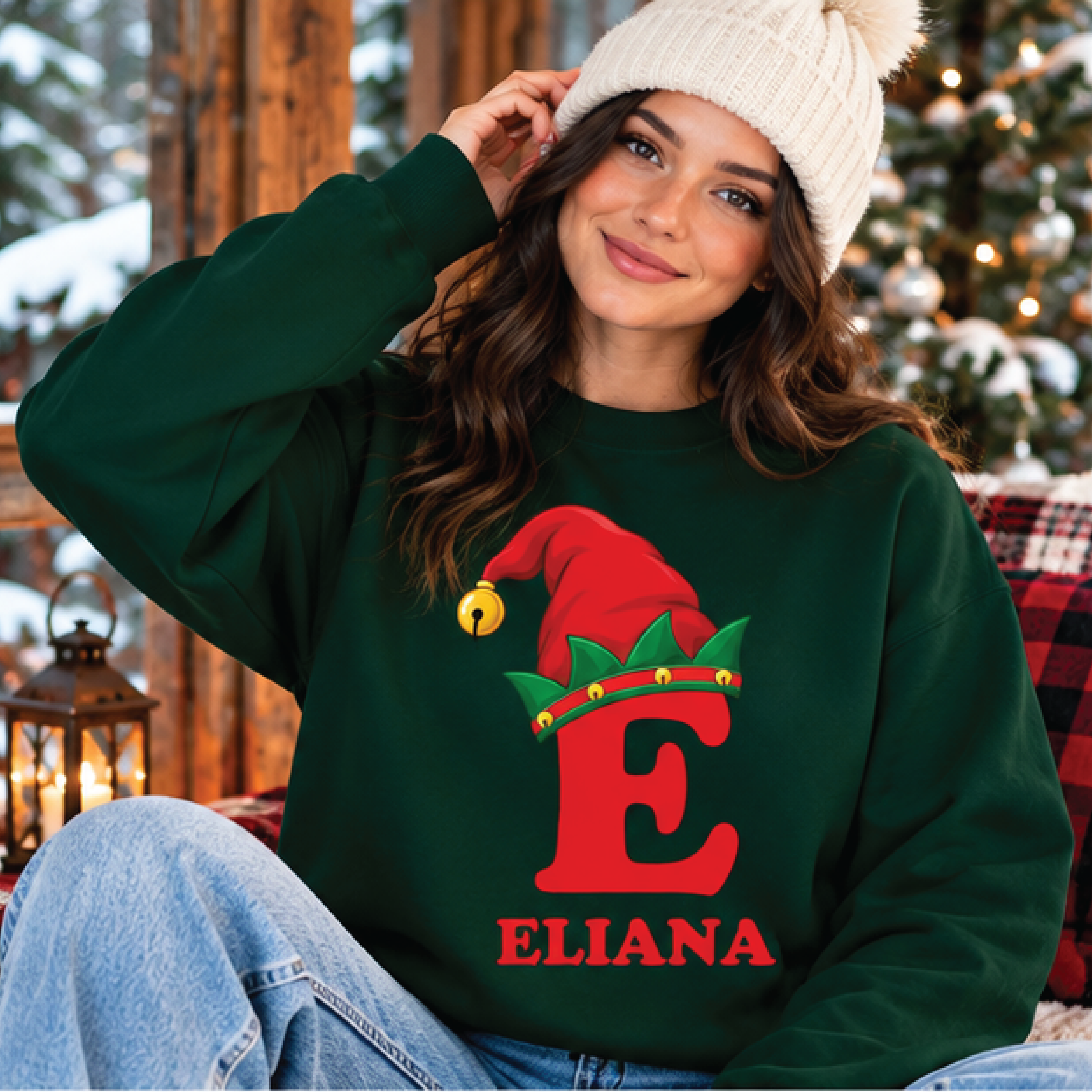 personalized christmas elf sweatshirt, custom name initial crewneck, festive elf hat monogram, matching family holiday